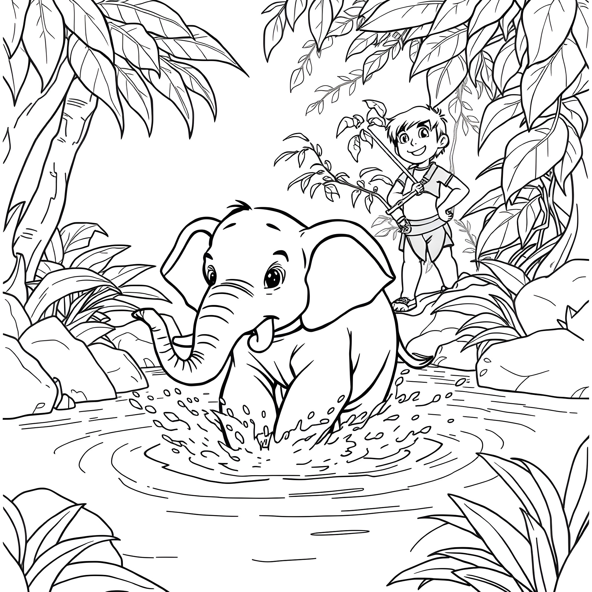 Elephant playing in the jungle with a child Coloring Page (free black-and-white line drawing printable PDF for all, from beginners to advanced learners, including children, teens, adults, and seniors)