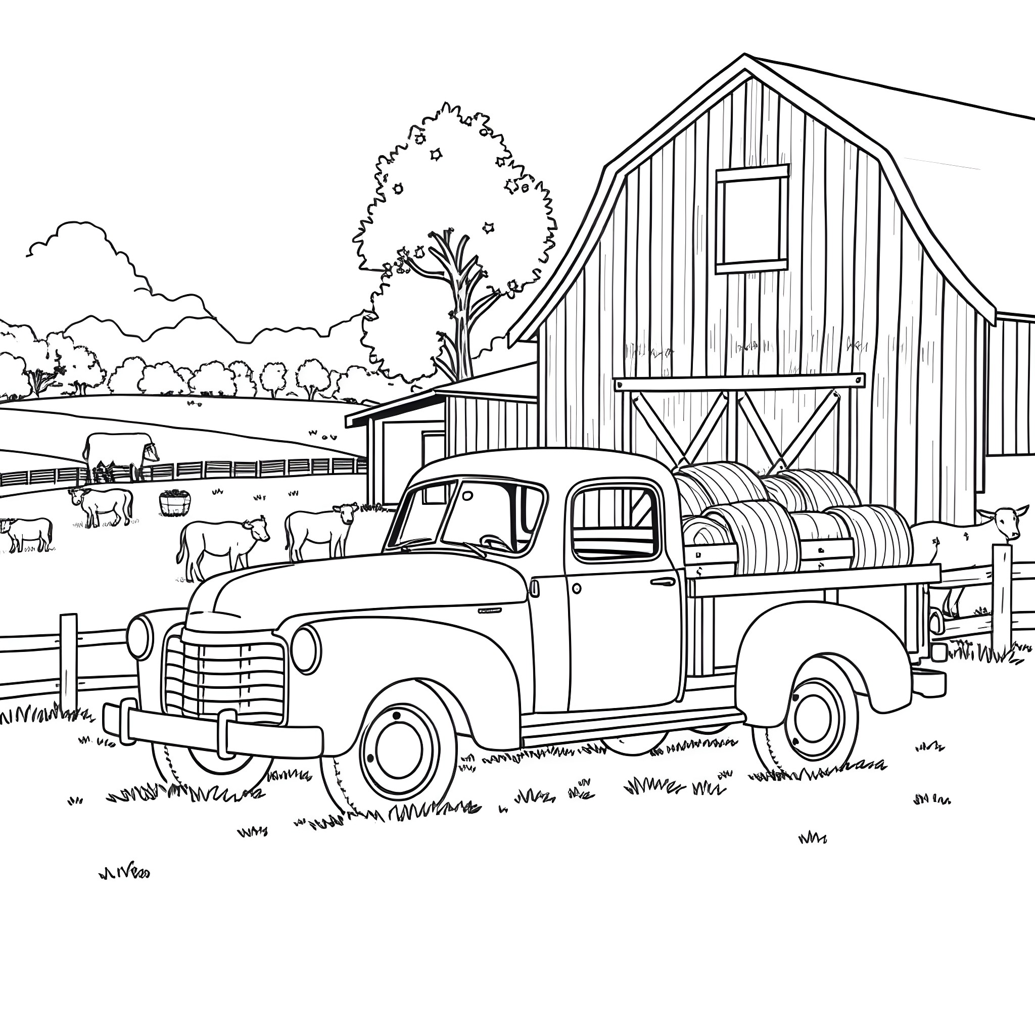 Farm Truck Transporting Hay Bales on a Rural Countryside Coloring Page (free black-and-white line drawing printable PDF for all, from beginners to advanced learners, including children, teens, adults, and seniors)