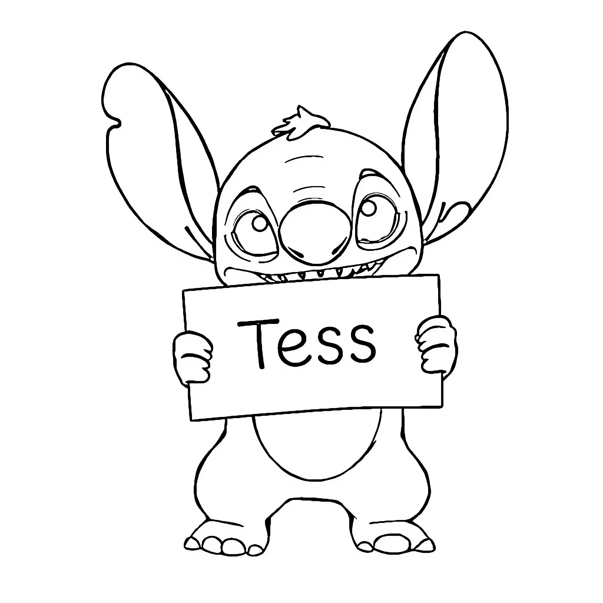 Stitch holding a sign with the name Tess Coloring Page (free black-and-white line drawing printable PDF for all, from beginners to advanced learners, including children, teens, adults, and seniors)