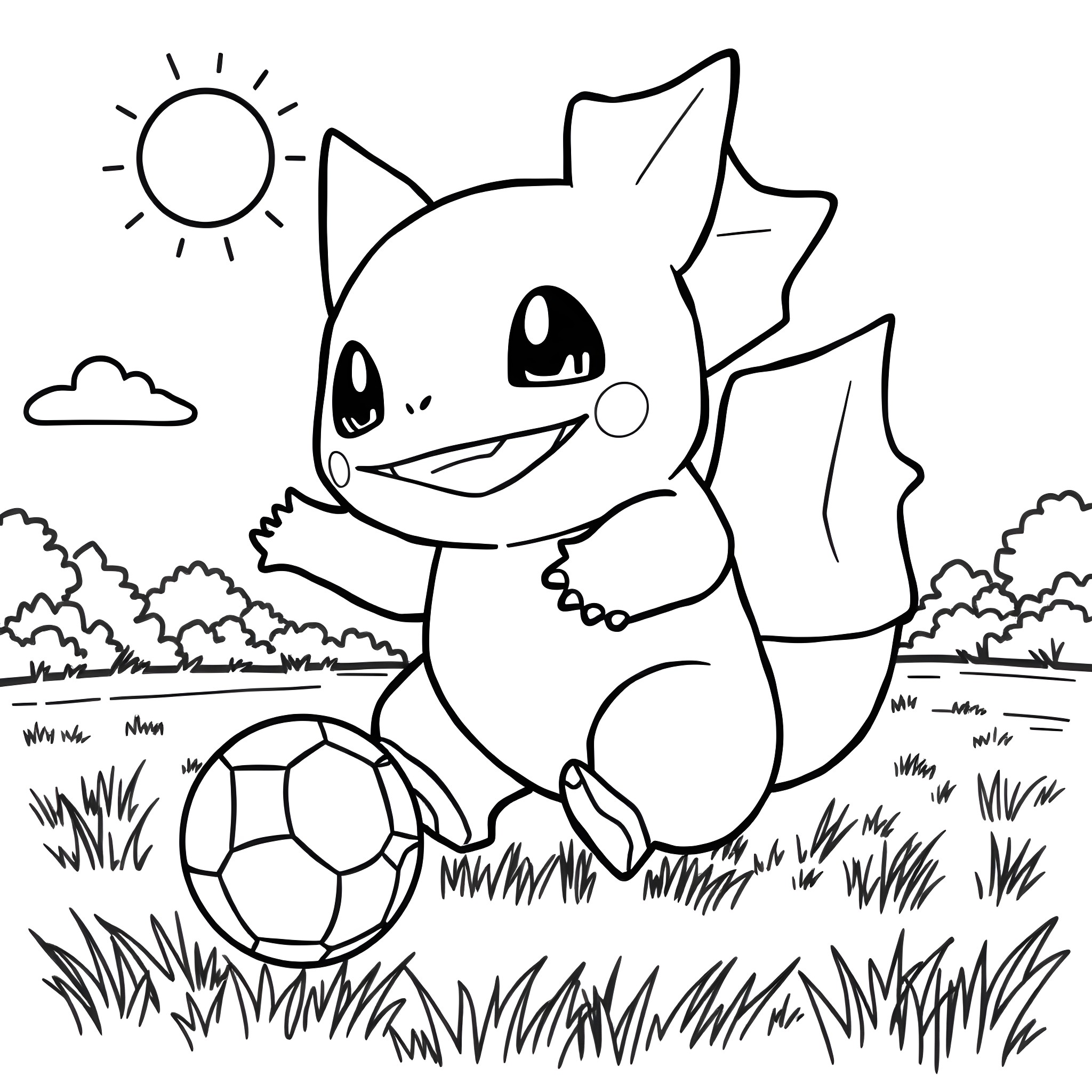 Bulbasaur playing with a soccer ball in a grassy field Coloring Page (free black-and-white line drawing printable PDF for all, from beginners to advanced learners, including children, teens, adults, and seniors)