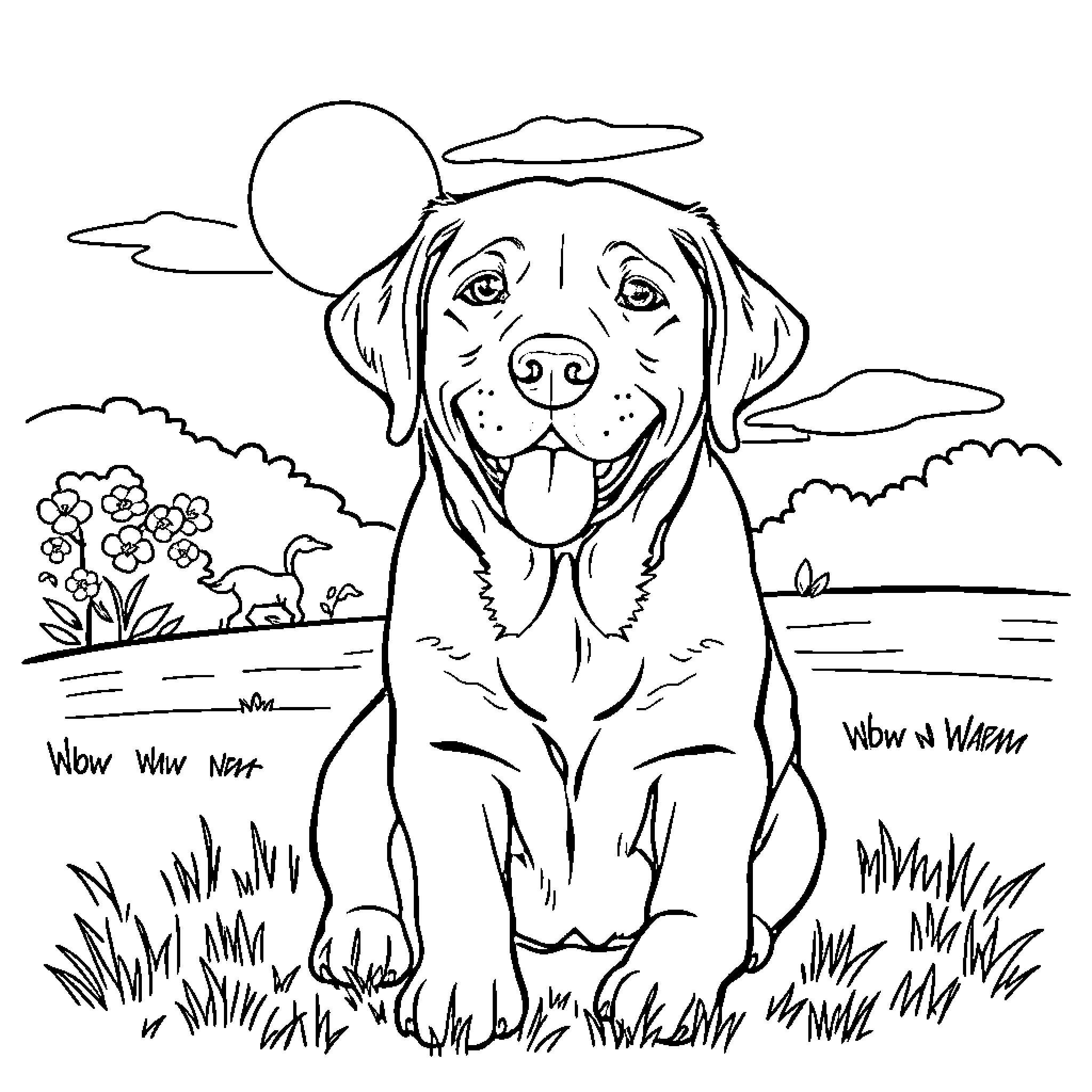 Lab Dog Enjoying the Outdoors Coloring Page (free black-and-white line drawing printable PDF for all, from beginners to advanced learners, including children, teens, adults, and seniors)