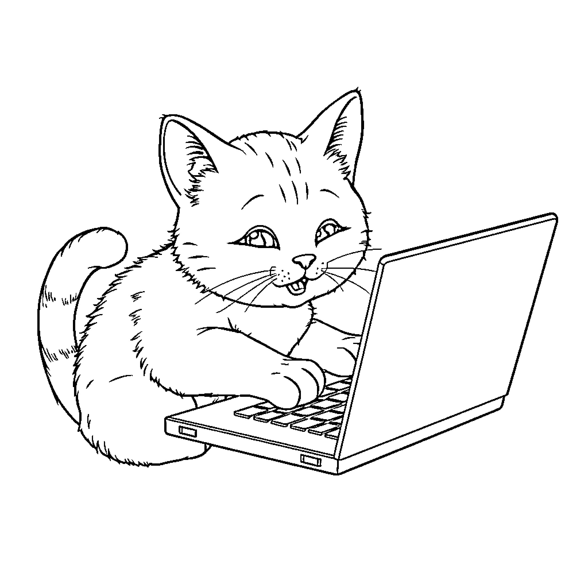 Cat working diligently on laptop computer Coloring Page (free black-and-white line drawing printable PDF for all, from beginners to advanced learners, including children, teens, adults, and seniors)