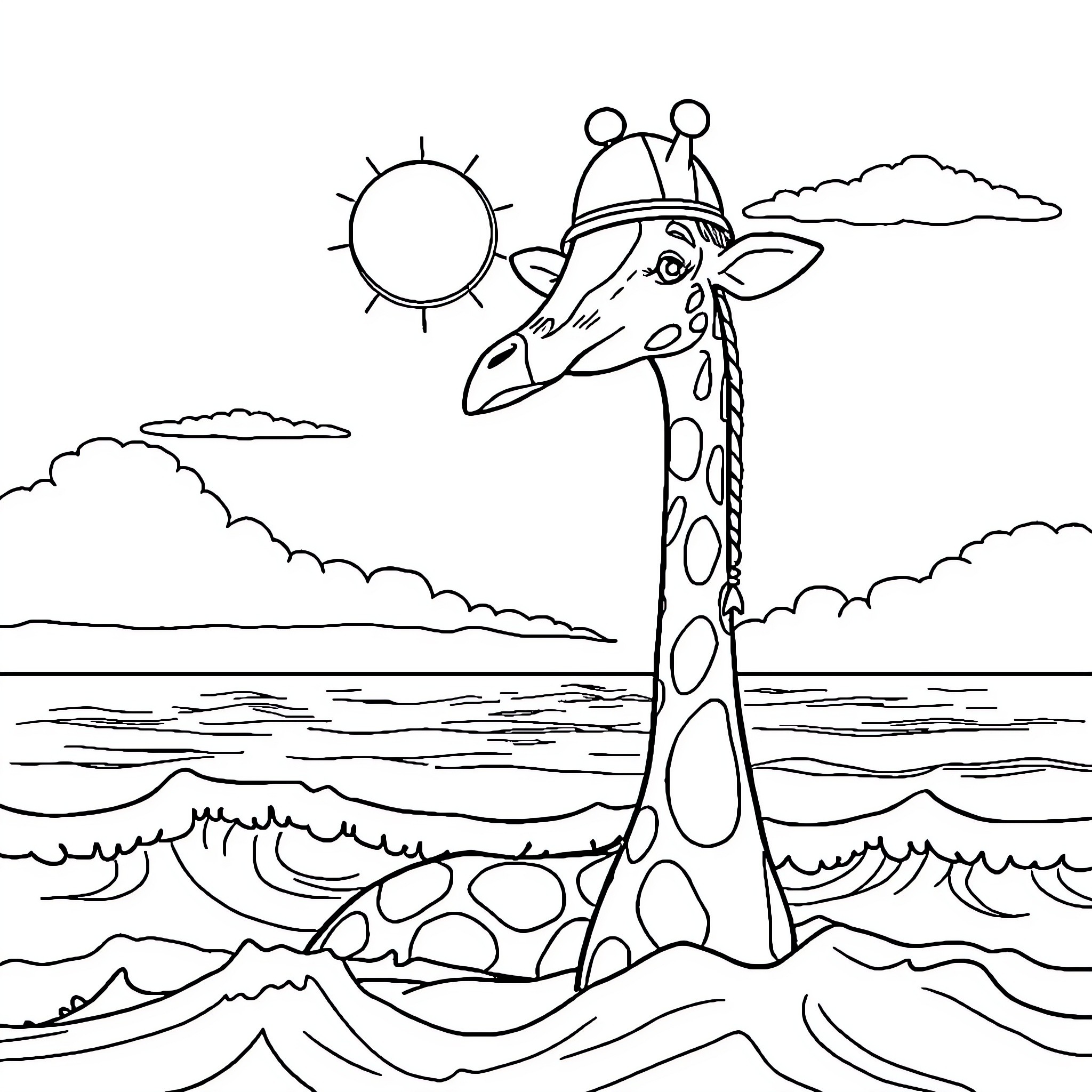 Giraffe enjoying the sunny day by the ocean Coloring Page (free black-and-white line drawing printable PDF for all, from beginners to advanced learners, including children, teens, adults, and seniors)