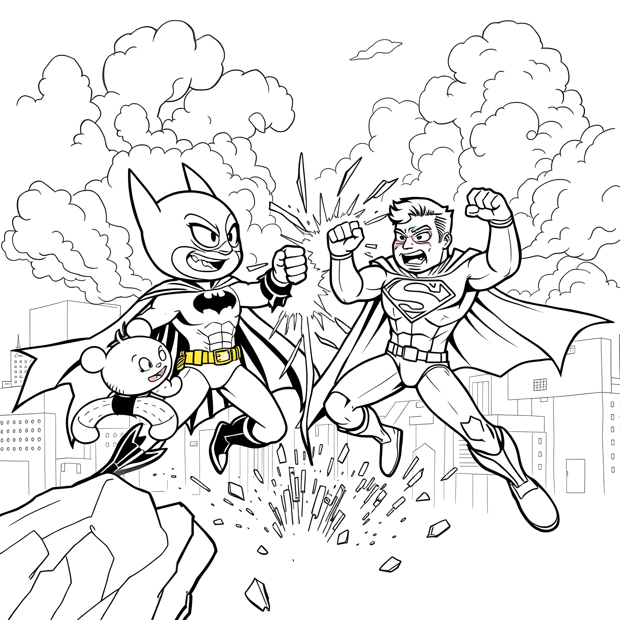 Spunkies heroes in action-packed adventure Coloring Page (free black-and-white line drawing printable PDF for all, from beginners to advanced learners, including children, teens, adults, and seniors)