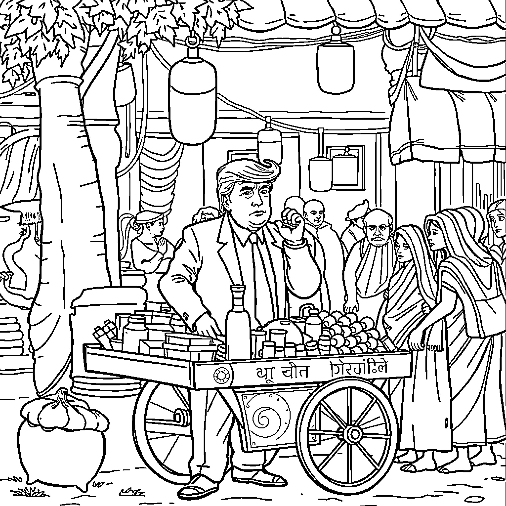 Donald Trump's Street Vendor Stall Coloring Page (free black-and-white line drawing printable PDF for all, from beginners to advanced learners, including children, teens, adults, and seniors)