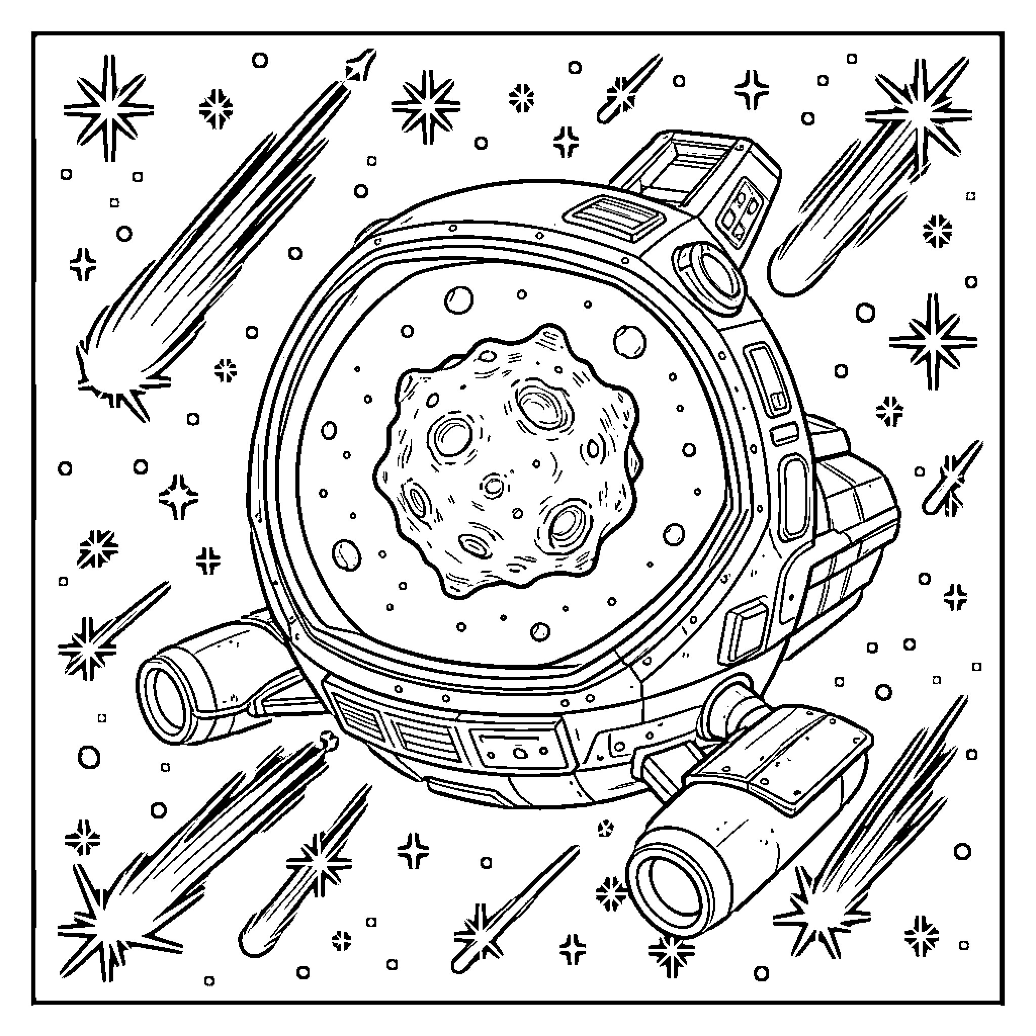 Vaisseau Spatial exploring the cosmos with futuristic gear Coloring Page (free black-and-white line drawing printable PDF for all, from beginners to advanced learners, including children, teens, adults, and seniors)