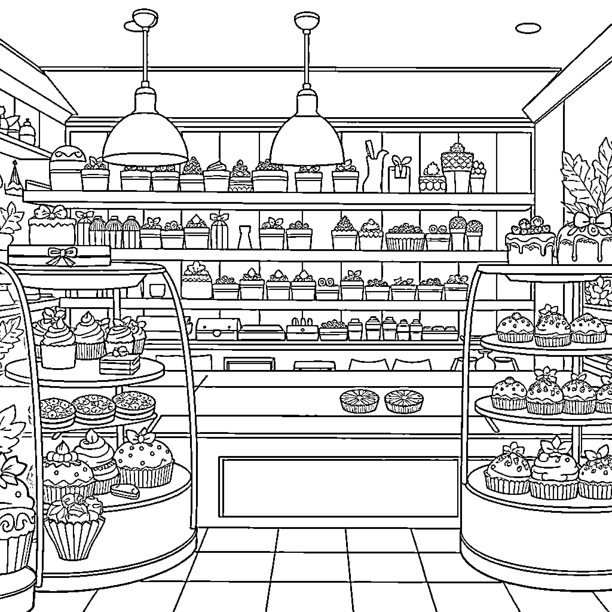 Patisserie Shop with Variety of Pastries and Desserts Coloring Page (free black-and-white line drawing printable PDF for all, from beginners to advanced learners, including children, teens, adults, and seniors)