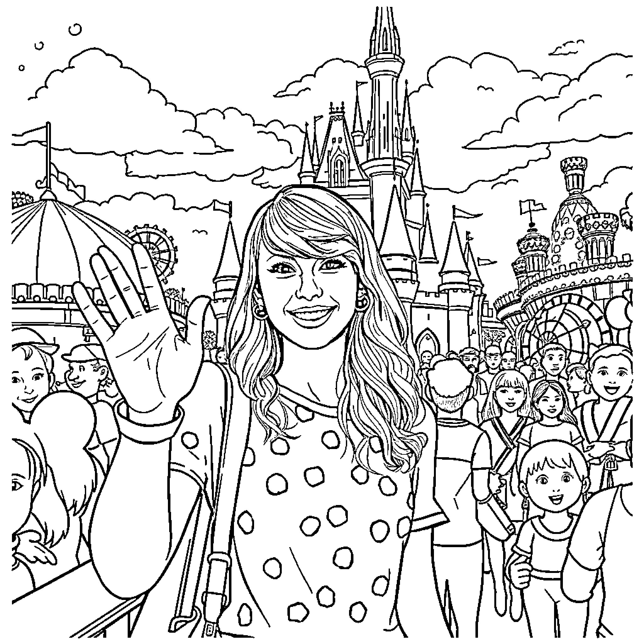 Taylor Swift waving to fans at a magical amusement park Coloring Page (free black-and-white line drawing printable PDF for all, from beginners to advanced learners, including children, teens, adults, and seniors)