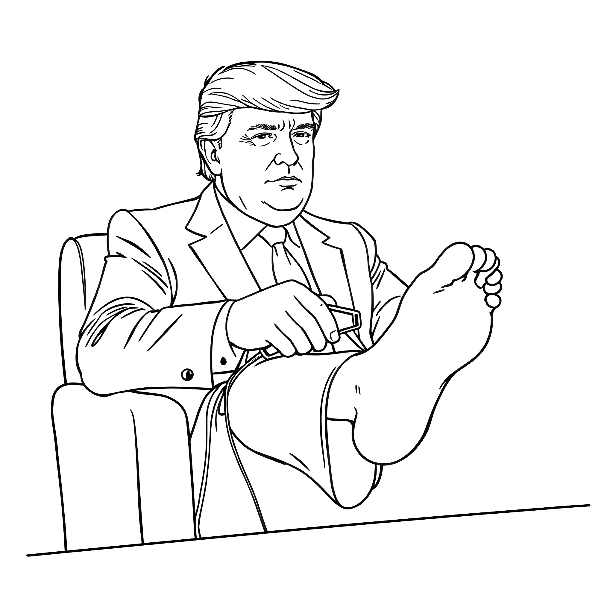 Donald Trump in a Contemplative Pose Coloring Page (free black-and-white line drawing printable PDF for all, from beginners to advanced learners, including children, teens, adults, and seniors)