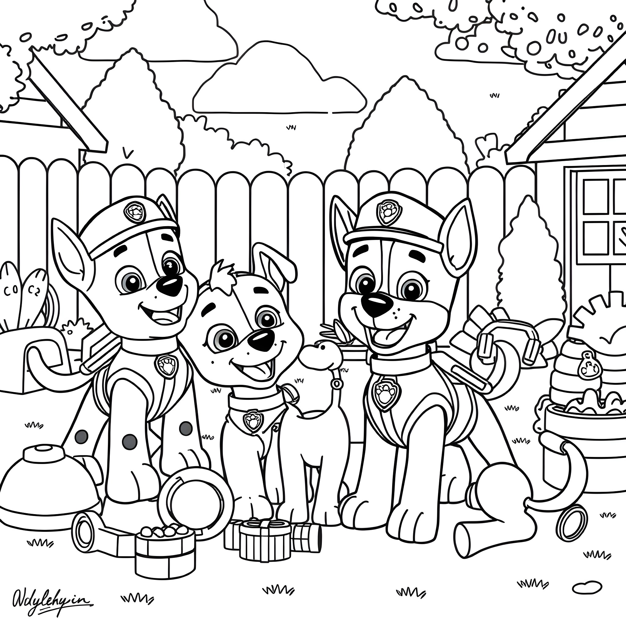 Paw Patrol Pups on a Mission Coloring Page (free black-and-white line drawing printable PDF for all, from beginners to advanced learners, including children, teens, adults, and seniors)