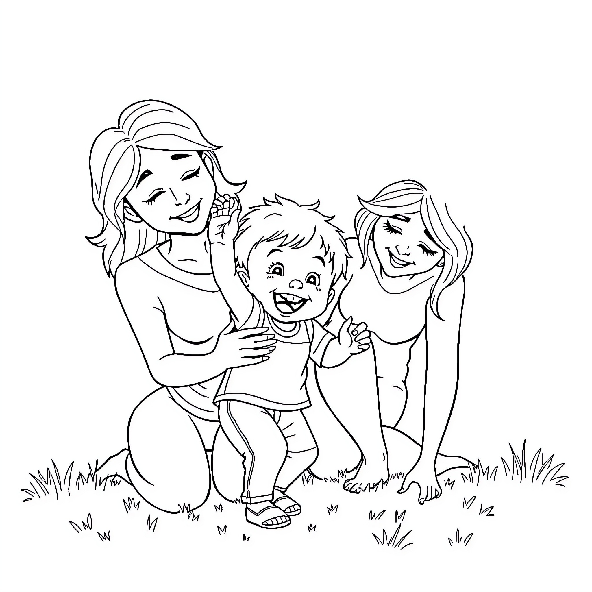 Boy playing happily with caretakers in the park Coloring Page (free black-and-white line drawing printable PDF for all, from beginners to advanced learners, including children, teens, adults, and seniors)