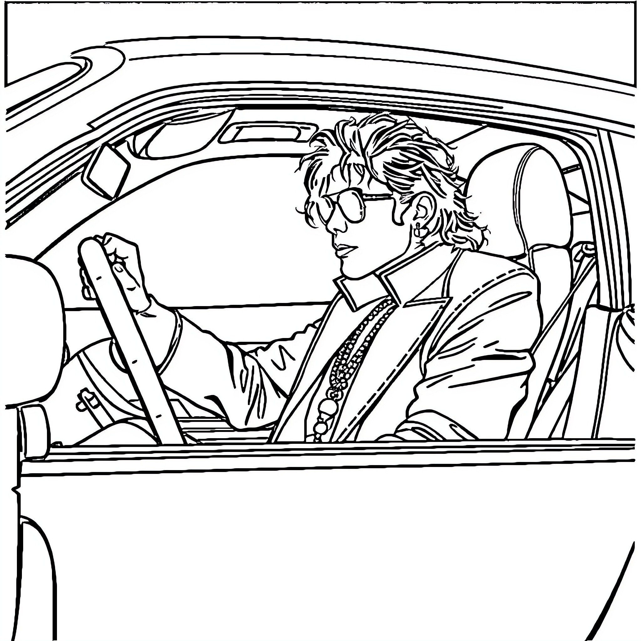 Michael Jackson driving sports car in performance outfit Coloring Page (free black-and-white line drawing printable PDF for all, from beginners to advanced learners, including children, teens, adults, and seniors)