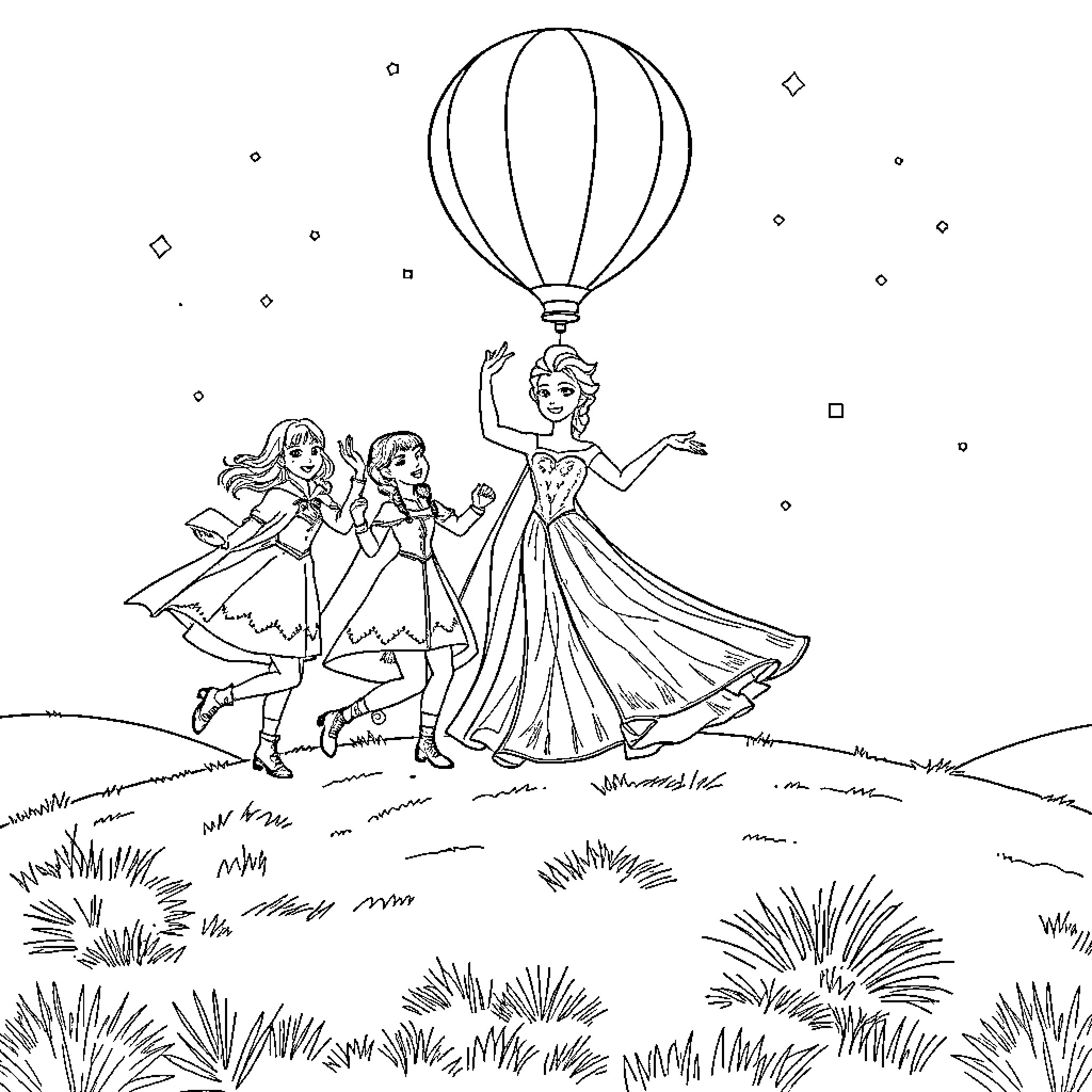 Kpop-inspired Fantasy Girls Exploring with Balloon Coloring Page (free black-and-white line drawing printable PDF for all, from beginners to advanced learners, including children, teens, adults, and seniors)