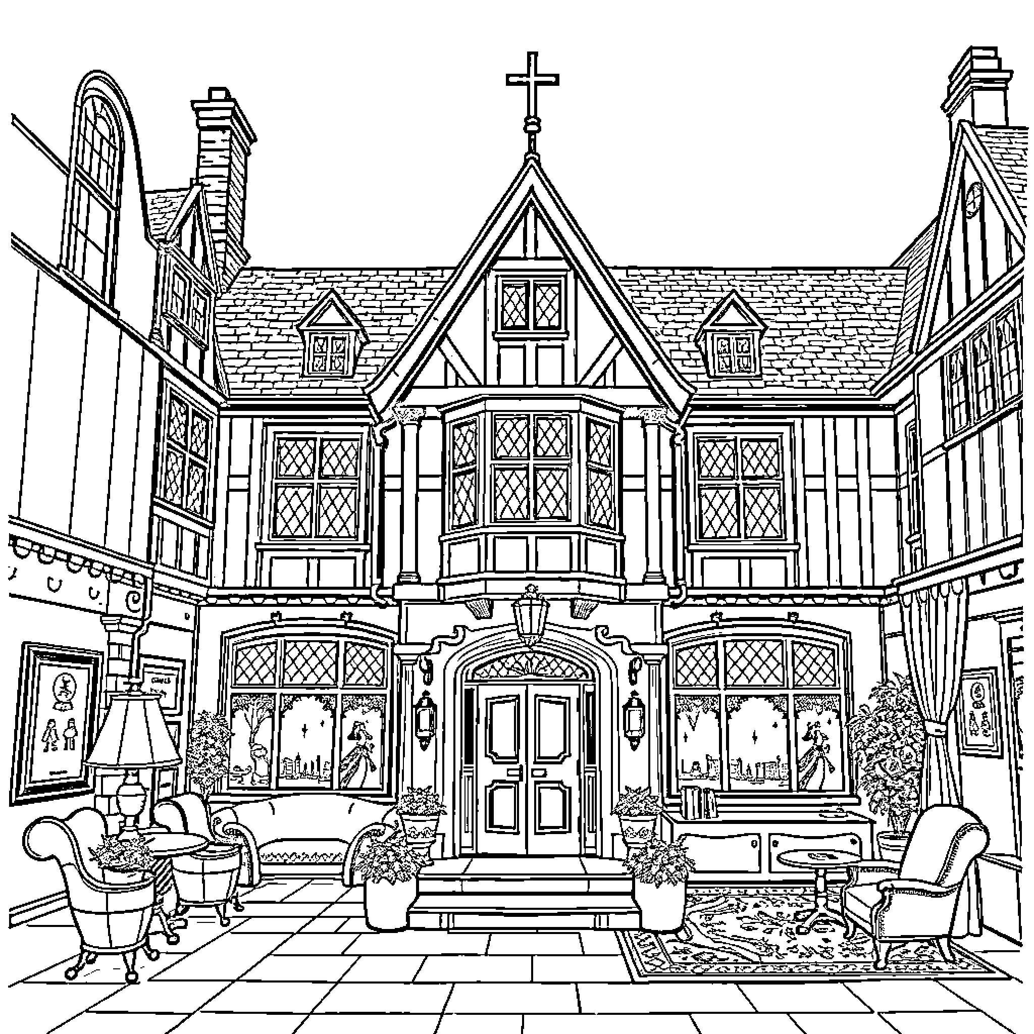 Hotel with Ornate Architecture and Outdoor Seating Coloring Page (free black-and-white line drawing printable PDF for all, from beginners to advanced learners, including children, teens, adults, and seniors)