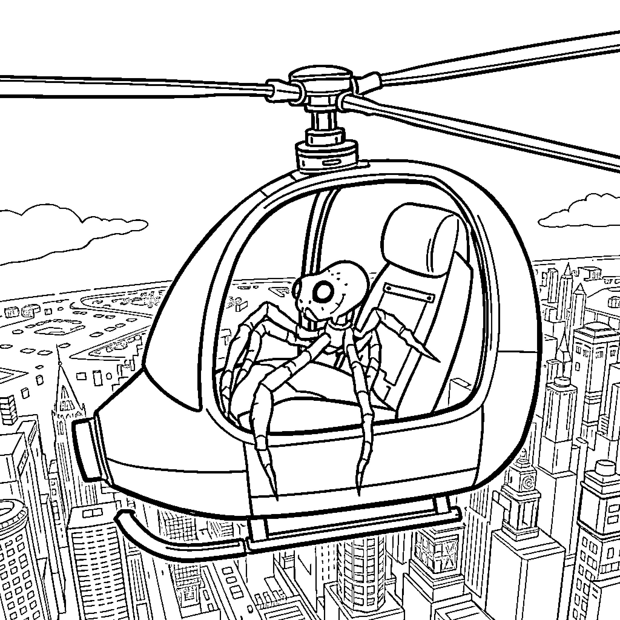 Spider-Robot Pilot Flies High Over the City Coloring Page (free black-and-white line drawing printable PDF for all, from beginners to advanced learners, including children, teens, adults, and seniors)