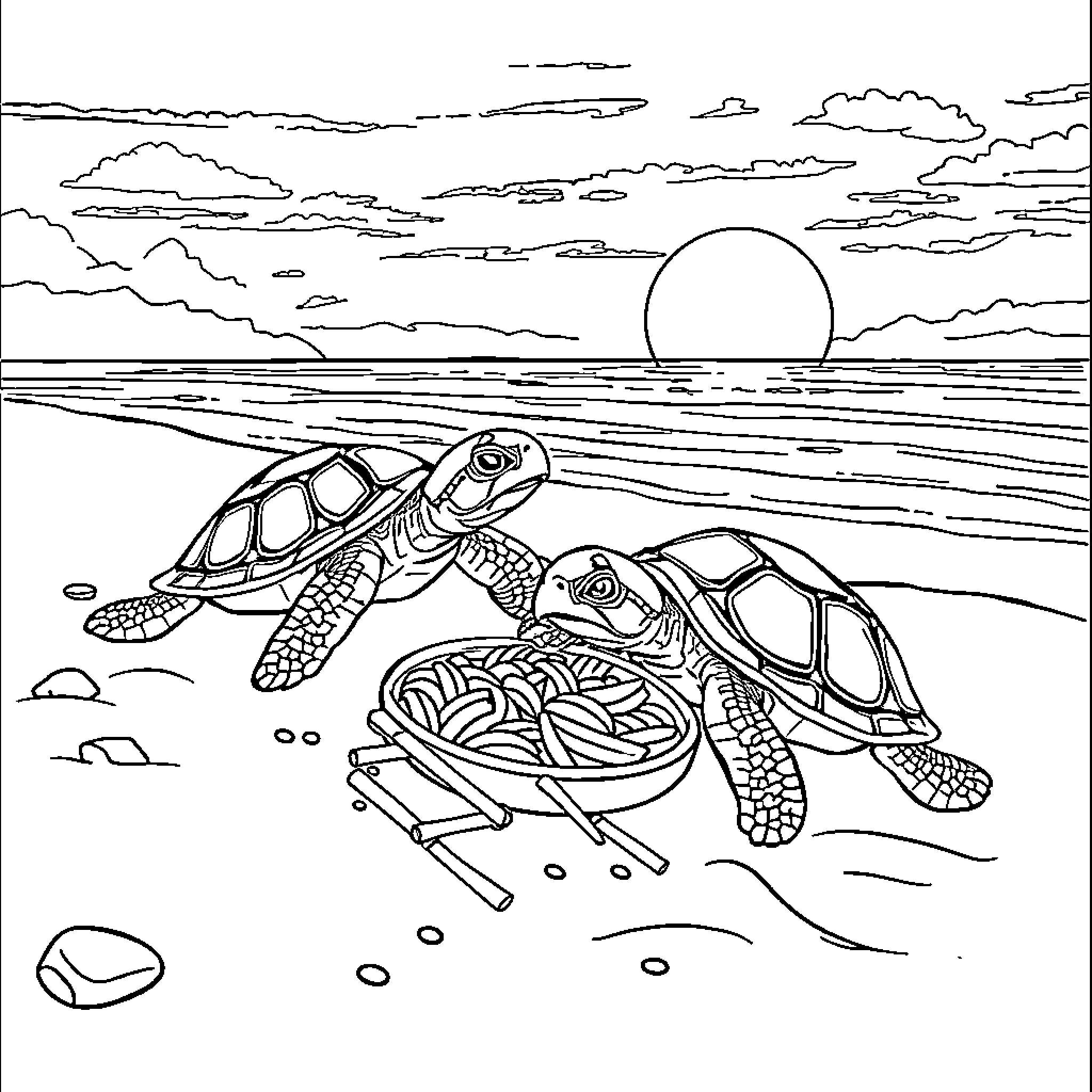 Turtle family swimming in the sunset ocean Coloring Page (free black-and-white line drawing printable PDF for all, from beginners to advanced learners, including children, teens, adults, and seniors)