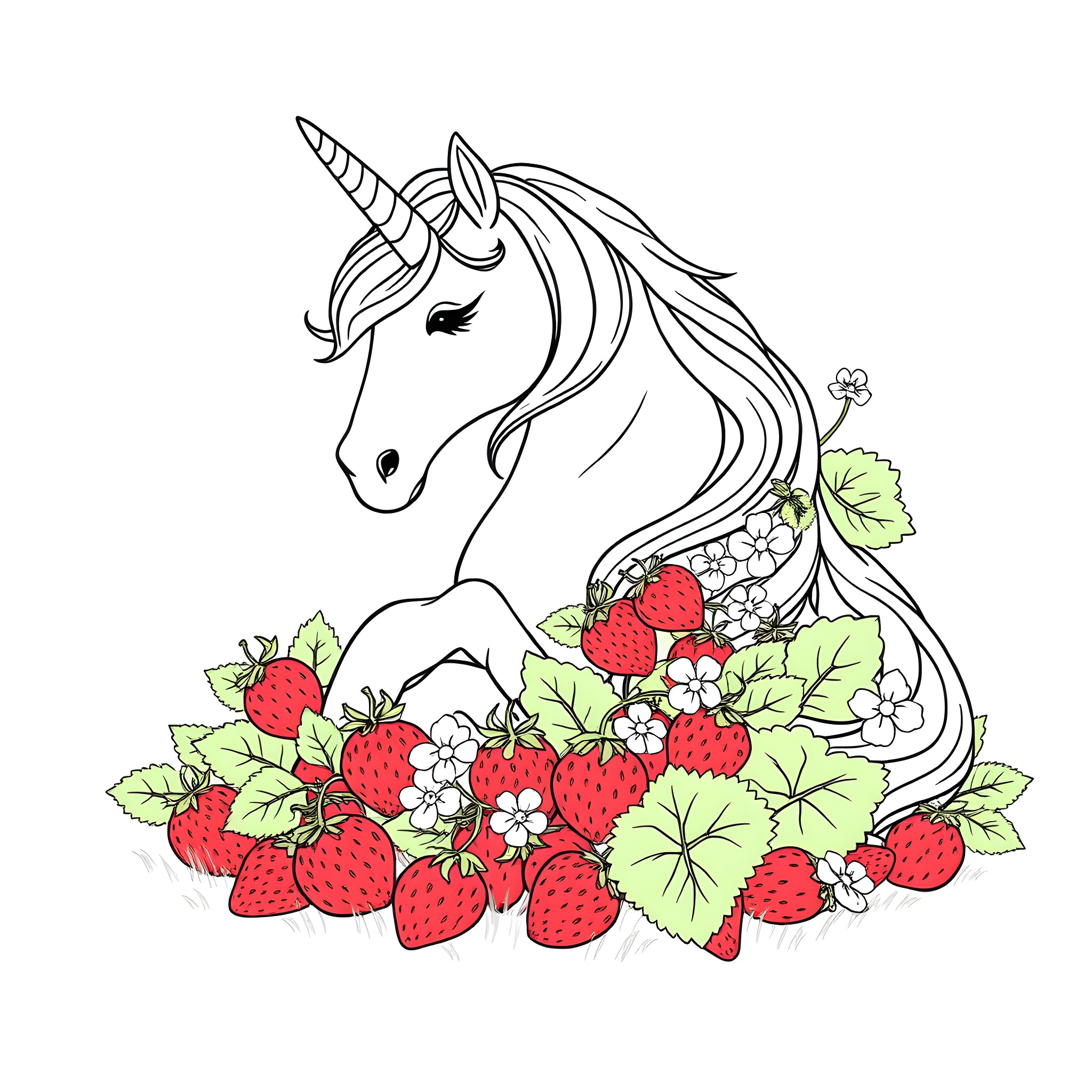 Unicorn surrounded by enchanting strawberries Coloring Page (free black-and-white line drawing printable PDF for all, from beginners to advanced learners, including children, teens, adults, and seniors)