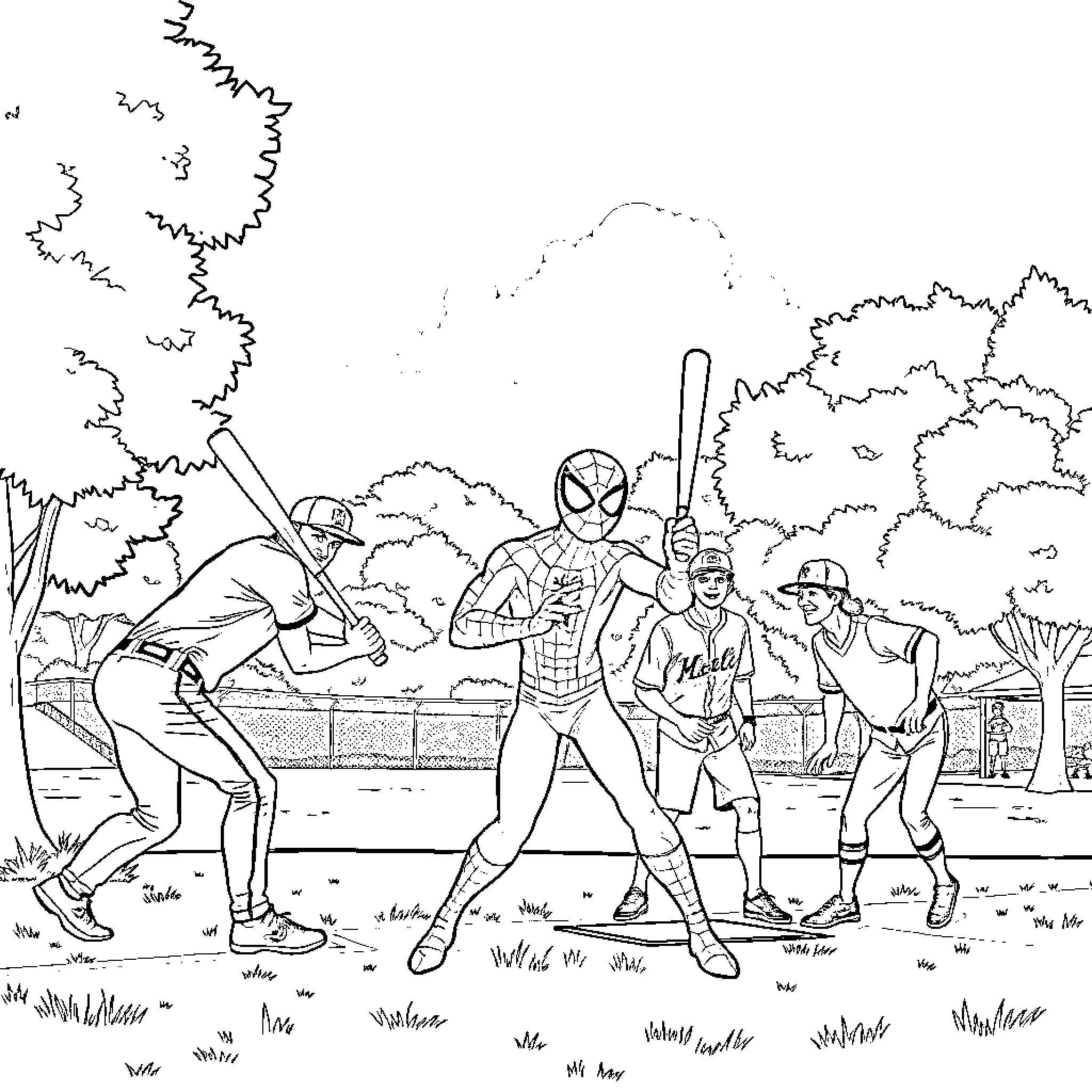 Spidey and friends playing ball on the field Coloring Page (free black-and-white line drawing printable PDF for all, from beginners to advanced learners, including children, teens, adults, and seniors)