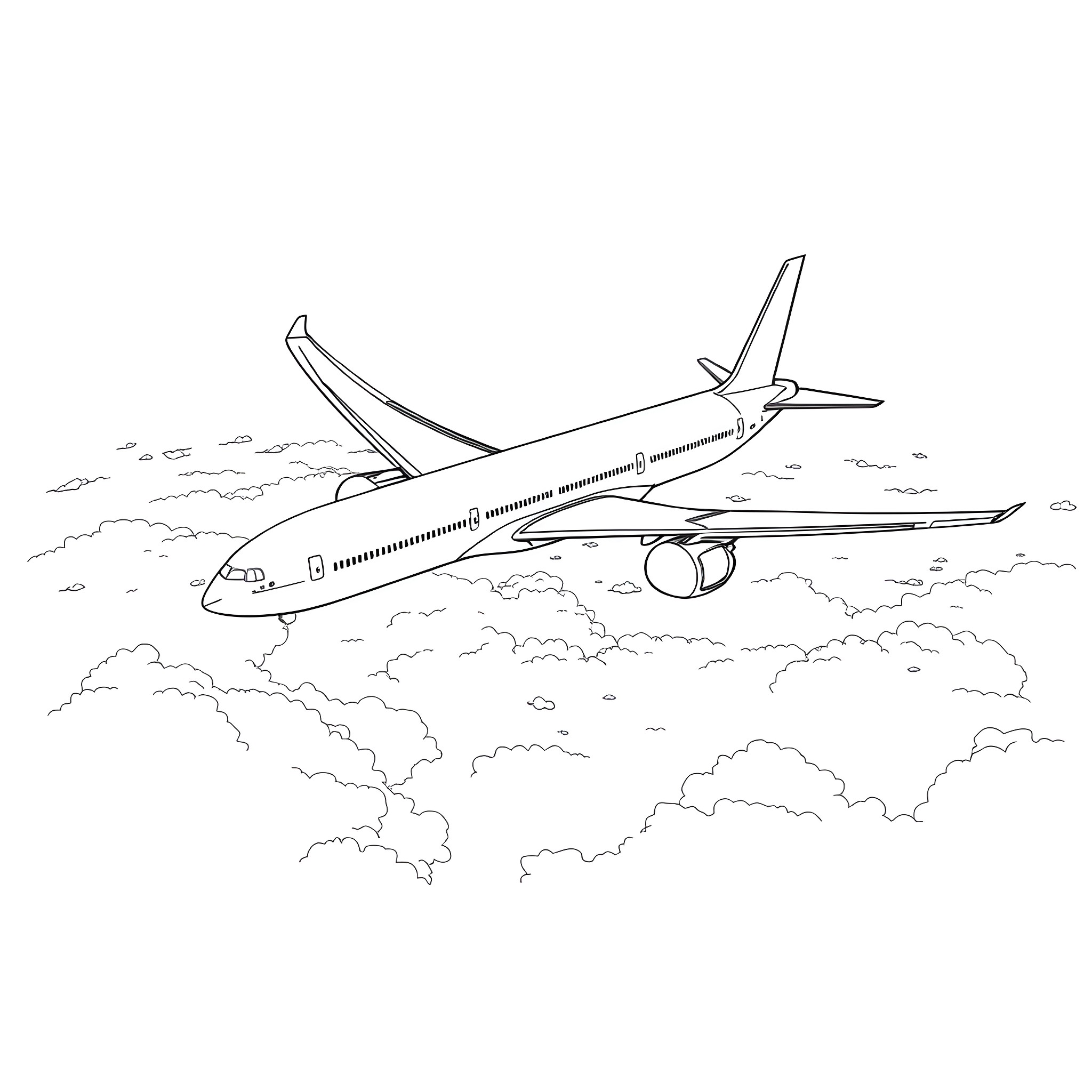 B777 aircraft soaring through the cloudy skies Coloring Page (free black-and-white line drawing printable PDF for all, from beginners to advanced learners, including children, teens, adults, and seniors)