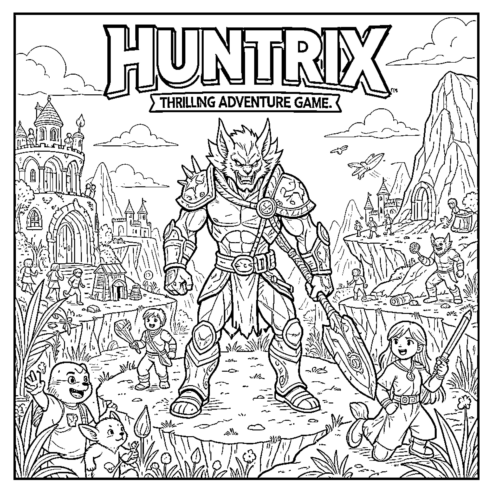 Huntrix warrior standing amidst a fantasy adventure scene Coloring Page (free black-and-white line drawing printable PDF for all, from beginners to advanced learners, including children, teens, adults, and seniors)