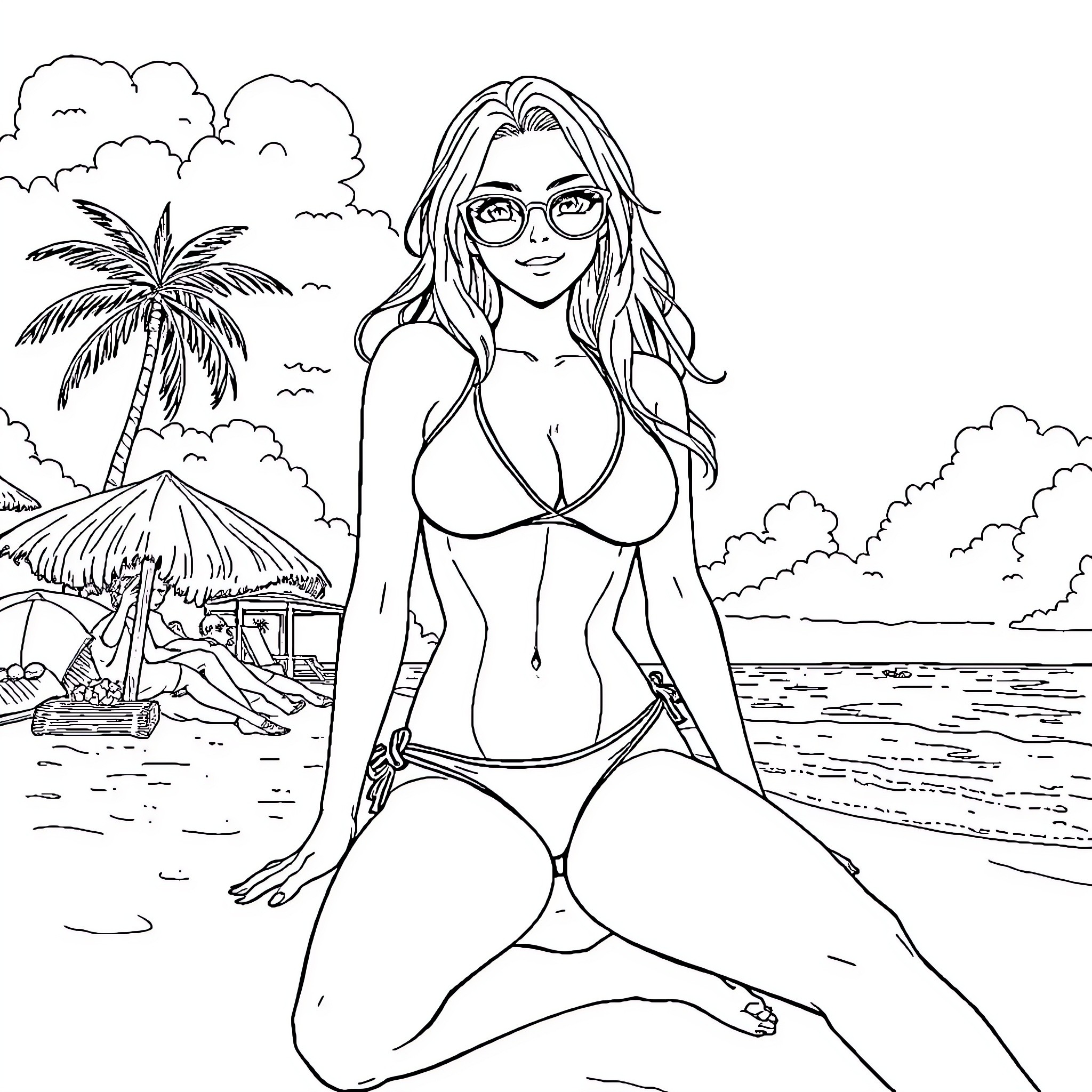 Tsunade enjoying a peaceful day at the beach Coloring Page (free black-and-white line drawing printable PDF for all, from beginners to advanced learners, including children, teens, adults, and seniors)