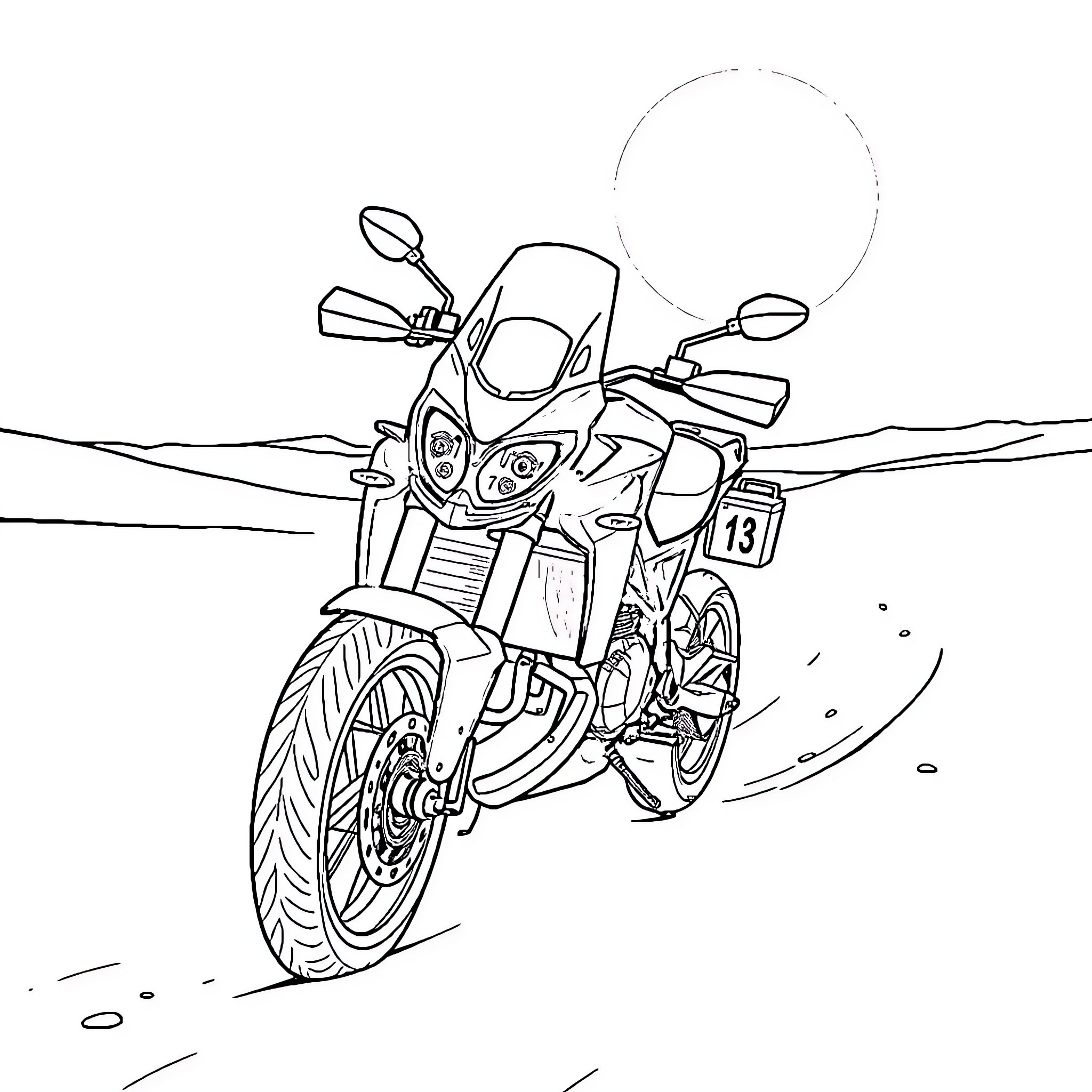 Ducati motorcycle in motion on the open road Coloring Page (free black-and-white line drawing printable PDF for all, from beginners to advanced learners, including children, teens, adults, and seniors)