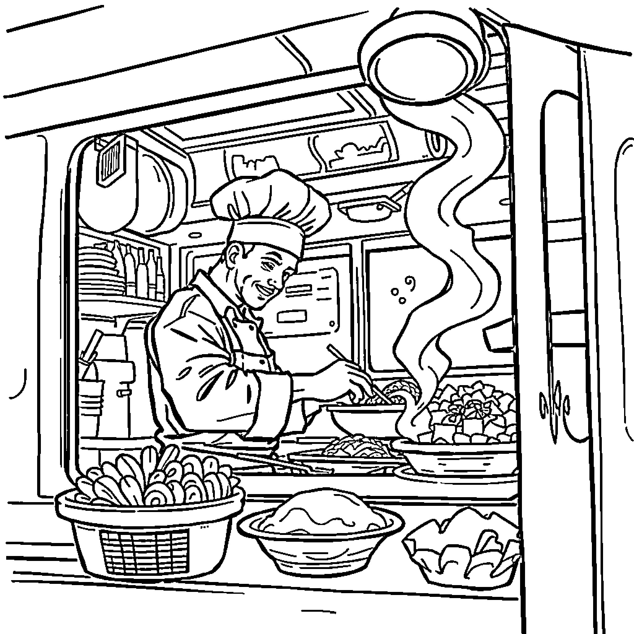 Chef preparing a delectable meal in the kitchen Coloring Page (free black-and-white line drawing printable PDF for all, from beginners to advanced learners, including children, teens, adults, and seniors)
