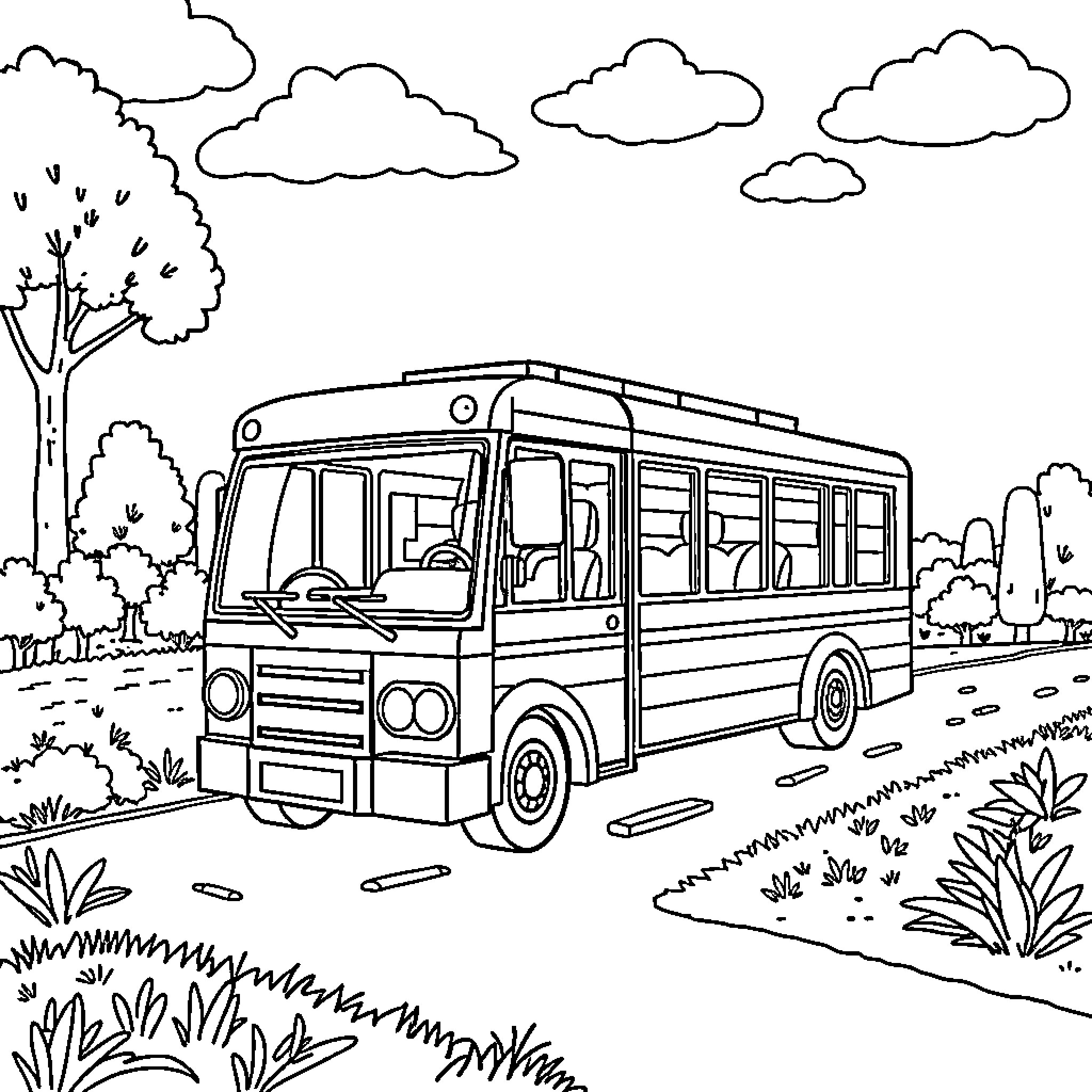 Bus traveling through scenic countryside landscape Coloring Page (free black-and-white line drawing printable PDF for all, from beginners to advanced learners, including children, teens, adults, and seniors)