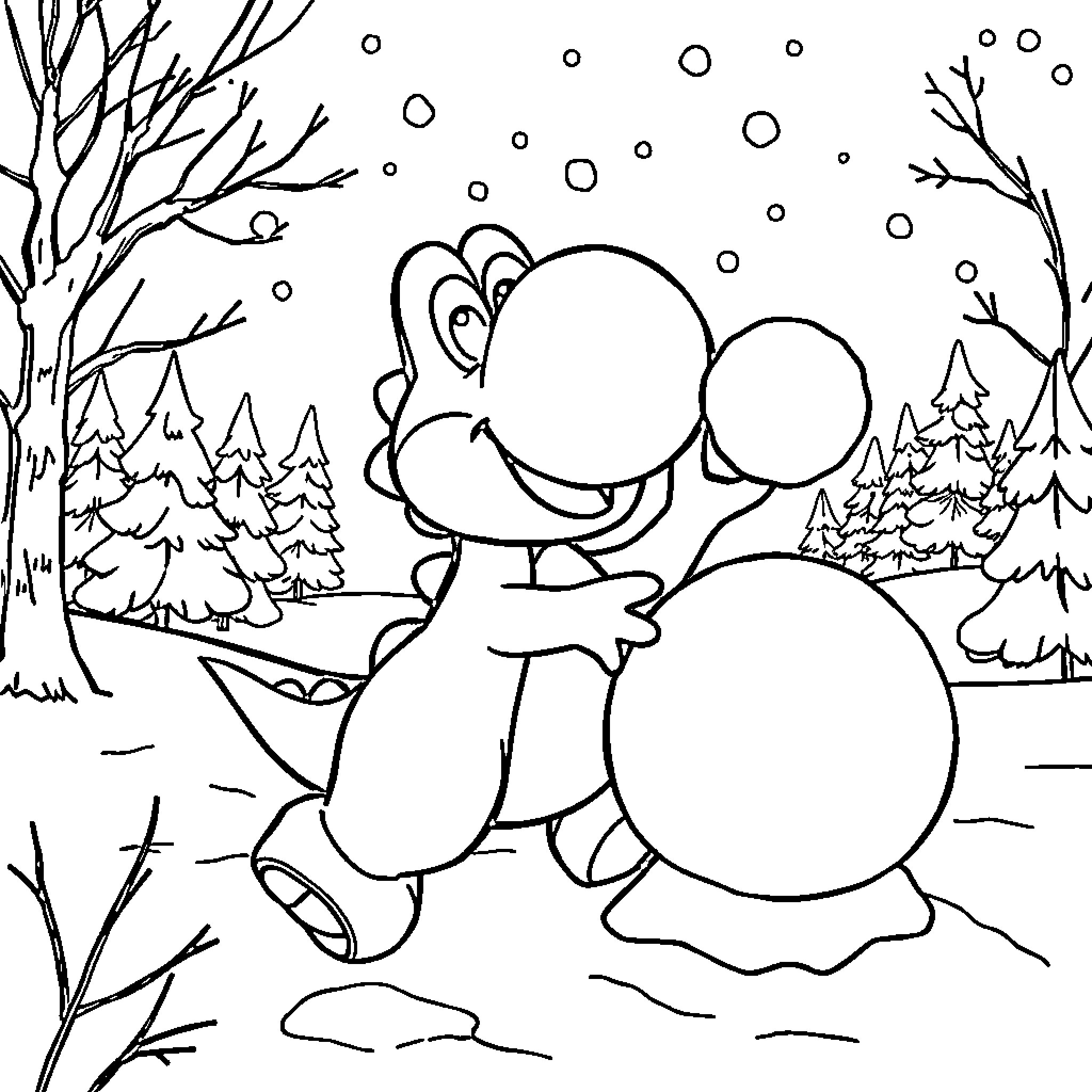 Yoshi rolling snowballs in winter wonderland Coloring Page (free black-and-white line drawing printable PDF for all, from beginners to advanced learners, including children, teens, adults, and seniors)