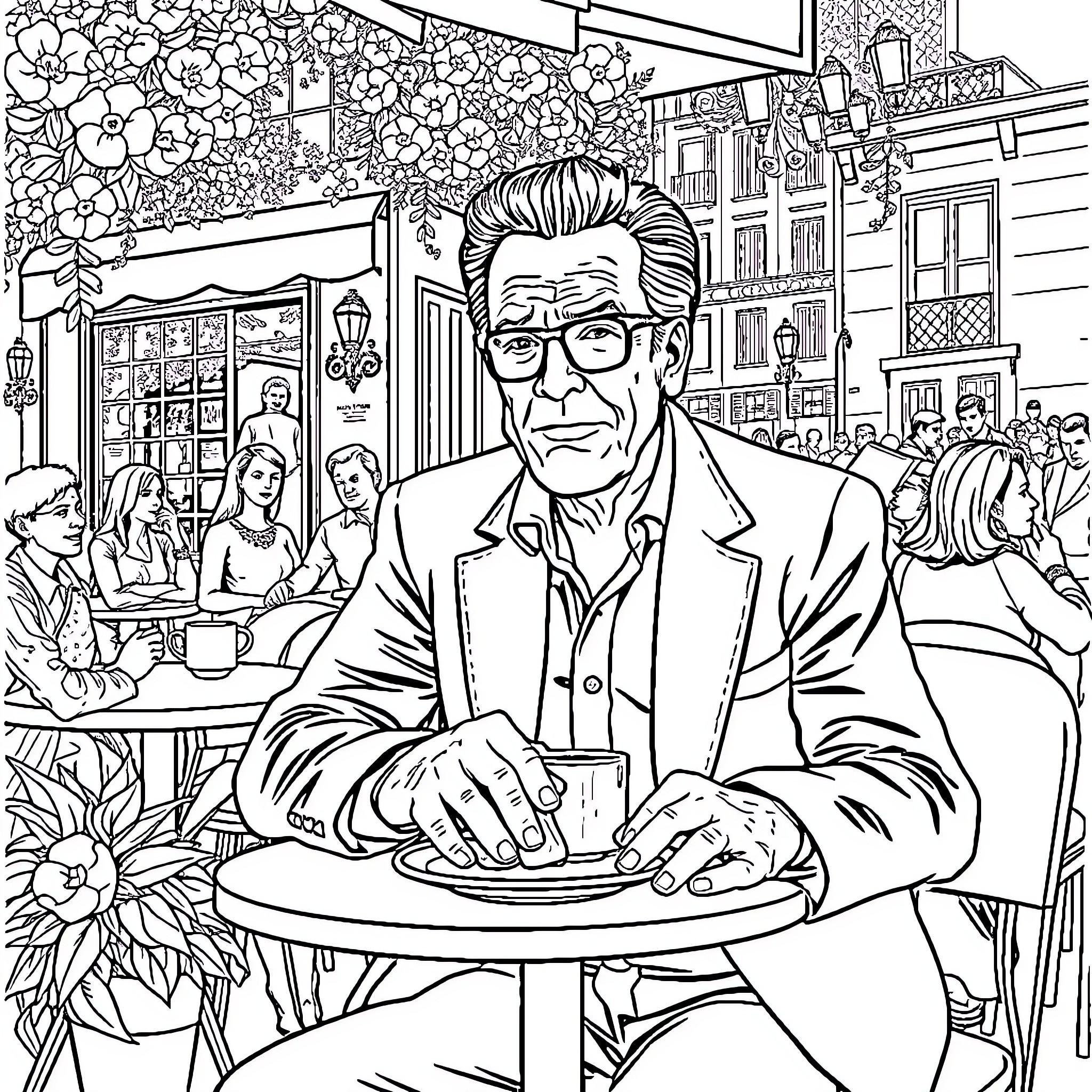 Jack Nicholson in a Cafe Scene Coloring Page (free black-and-white line drawing printable PDF for all, from beginners to advanced learners, including children, teens, adults, and seniors)