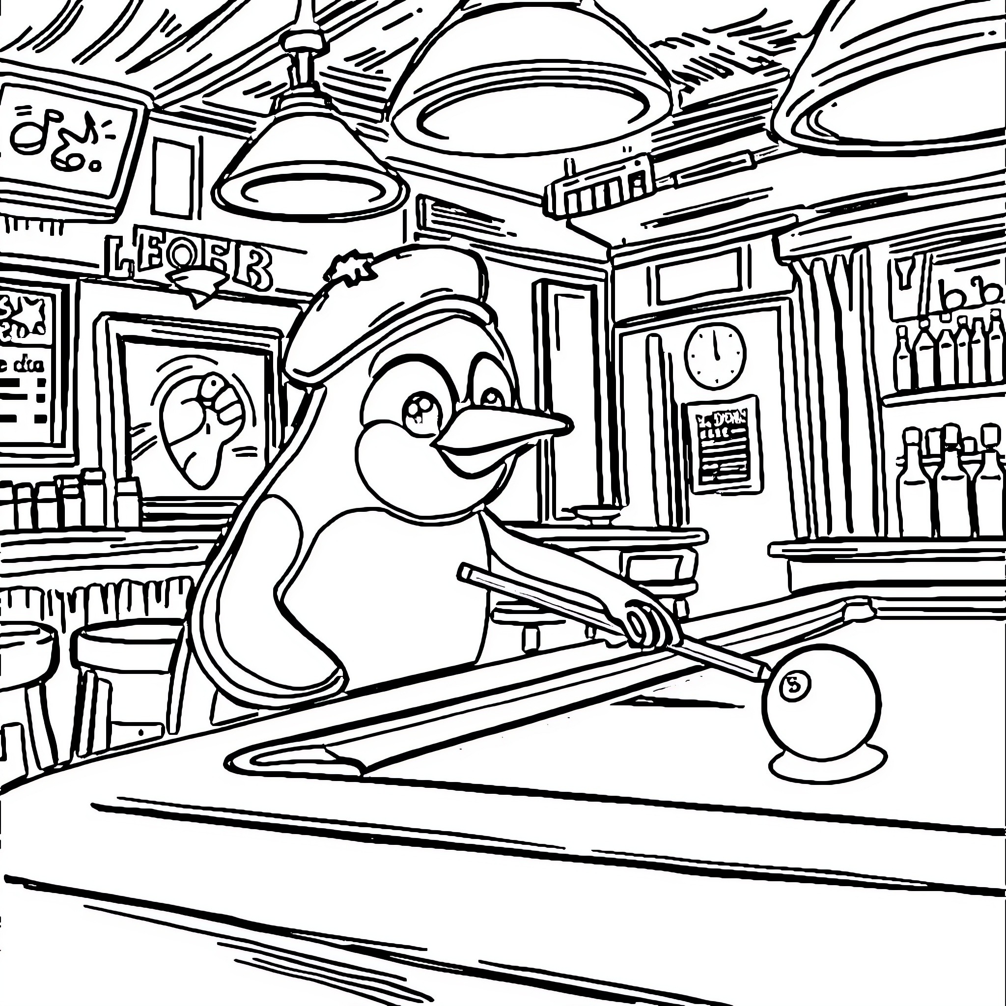 Penguin working at the bar with pool table Coloring Page (free black-and-white line drawing printable PDF for all, from beginners to advanced learners, including children, teens, adults, and seniors)