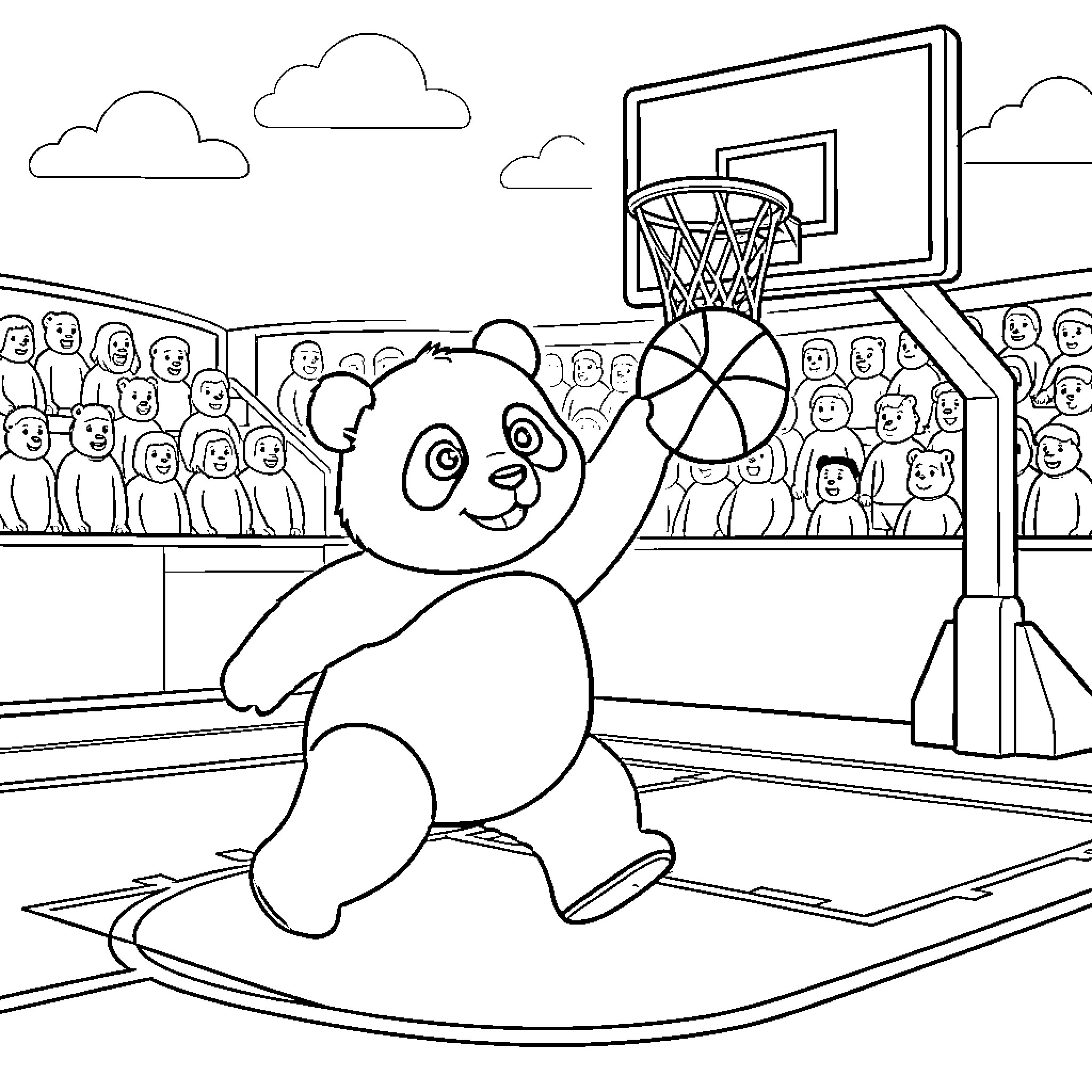 Panda playing basketball in front of a cheering crowd Coloring Page (free black-and-white line drawing printable PDF for all, from beginners to advanced learners, including children, teens, adults, and seniors)
