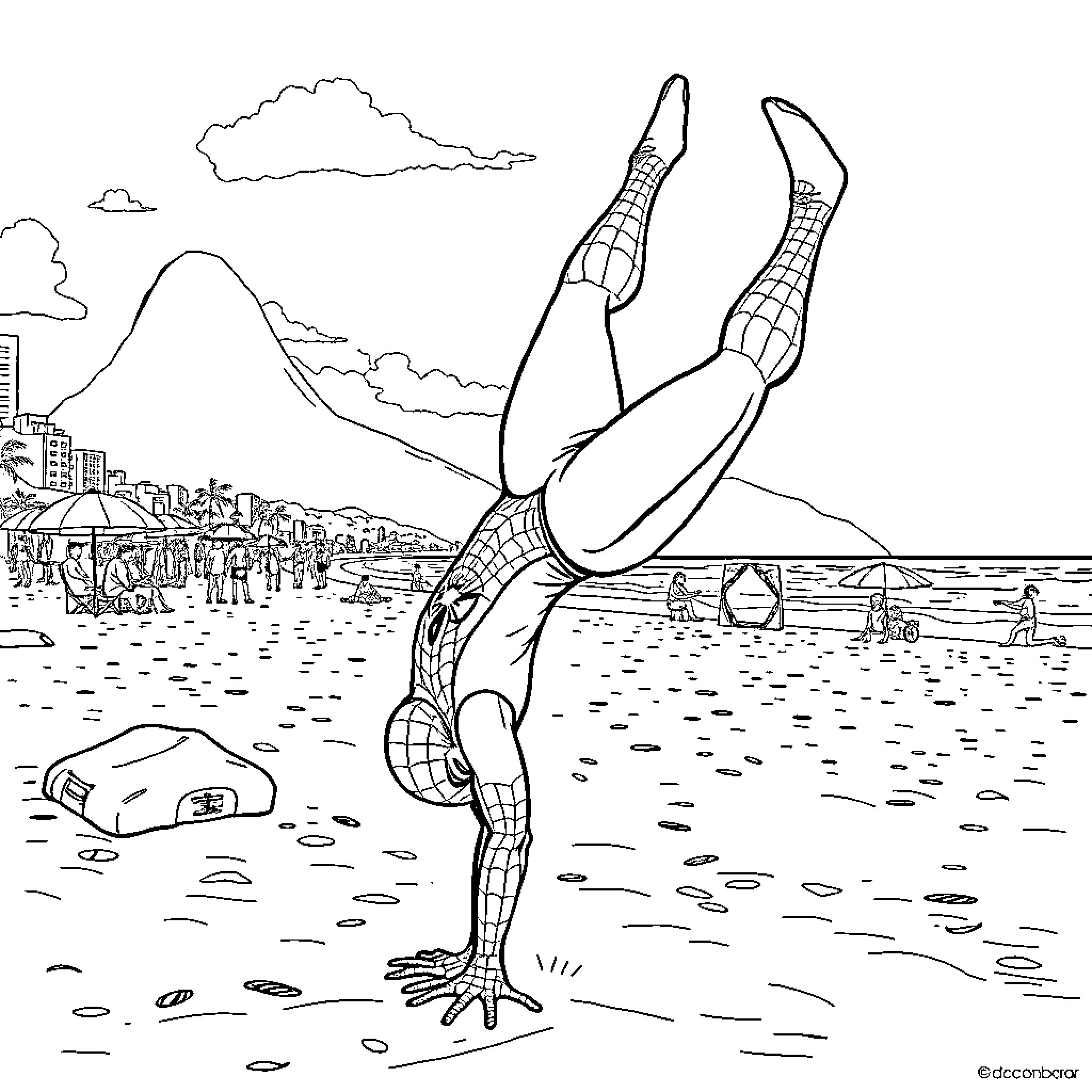 Spiderman performing acrobatics on the beach Coloring Page (free black-and-white line drawing printable PDF for all, from beginners to advanced learners, including children, teens, adults, and seniors)