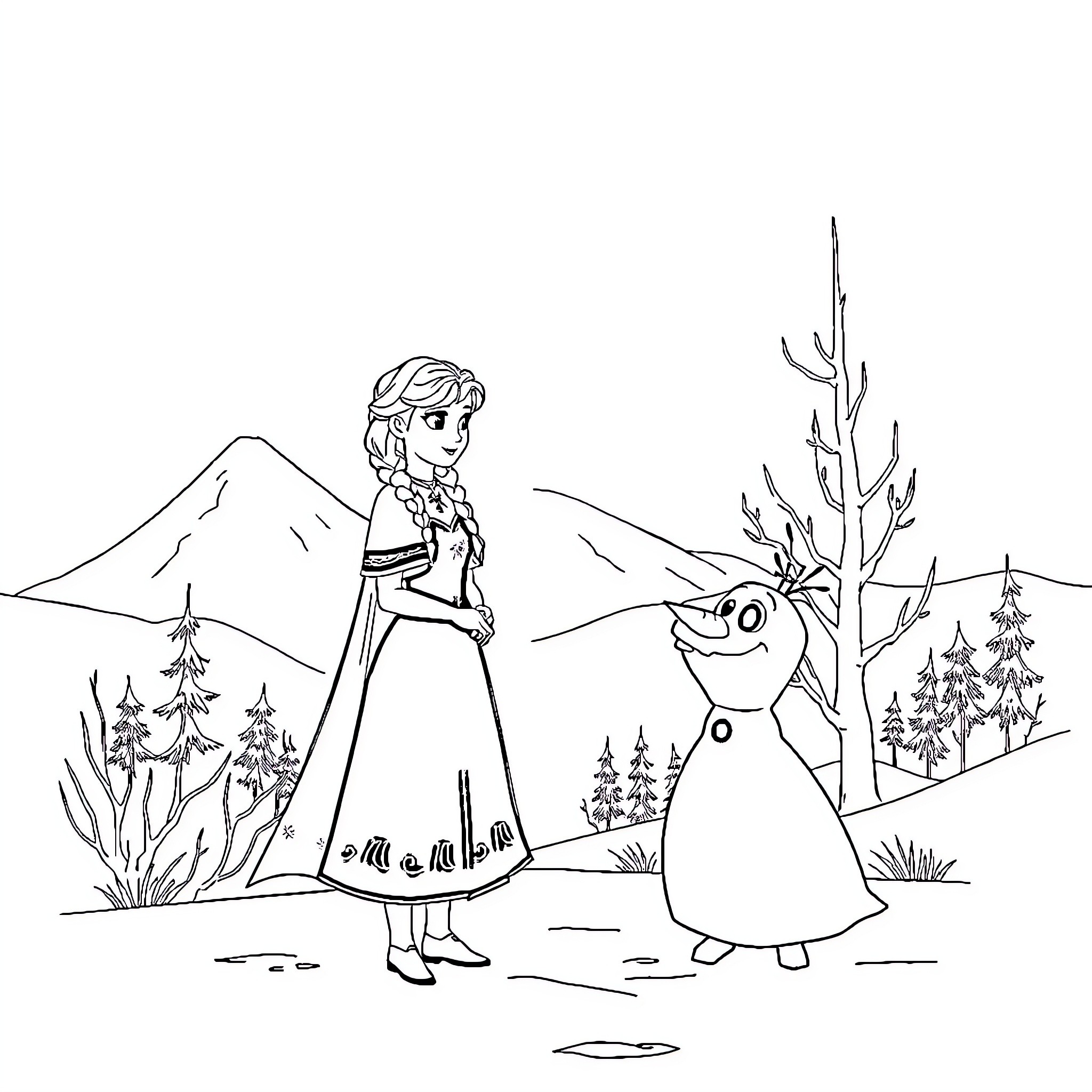 Frozen characters exploring the winter landscape Coloring Page (free black-and-white line drawing printable PDF for all, from beginners to advanced learners, including children, teens, adults, and seniors)