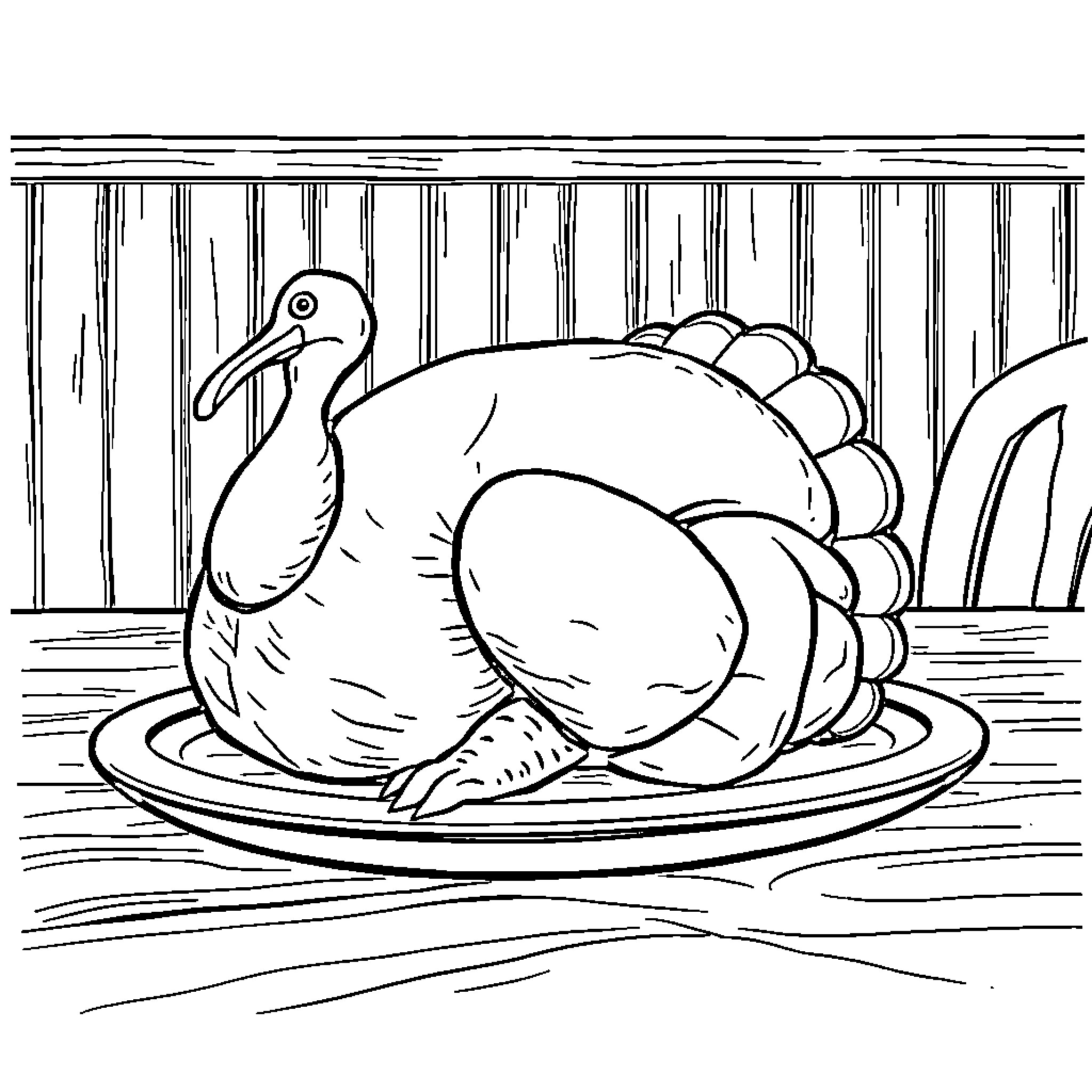 Turkey enjoying a festive feast Coloring Page (free black-and-white line drawing printable PDF for all, from beginners to advanced learners, including children, teens, adults, and seniors)