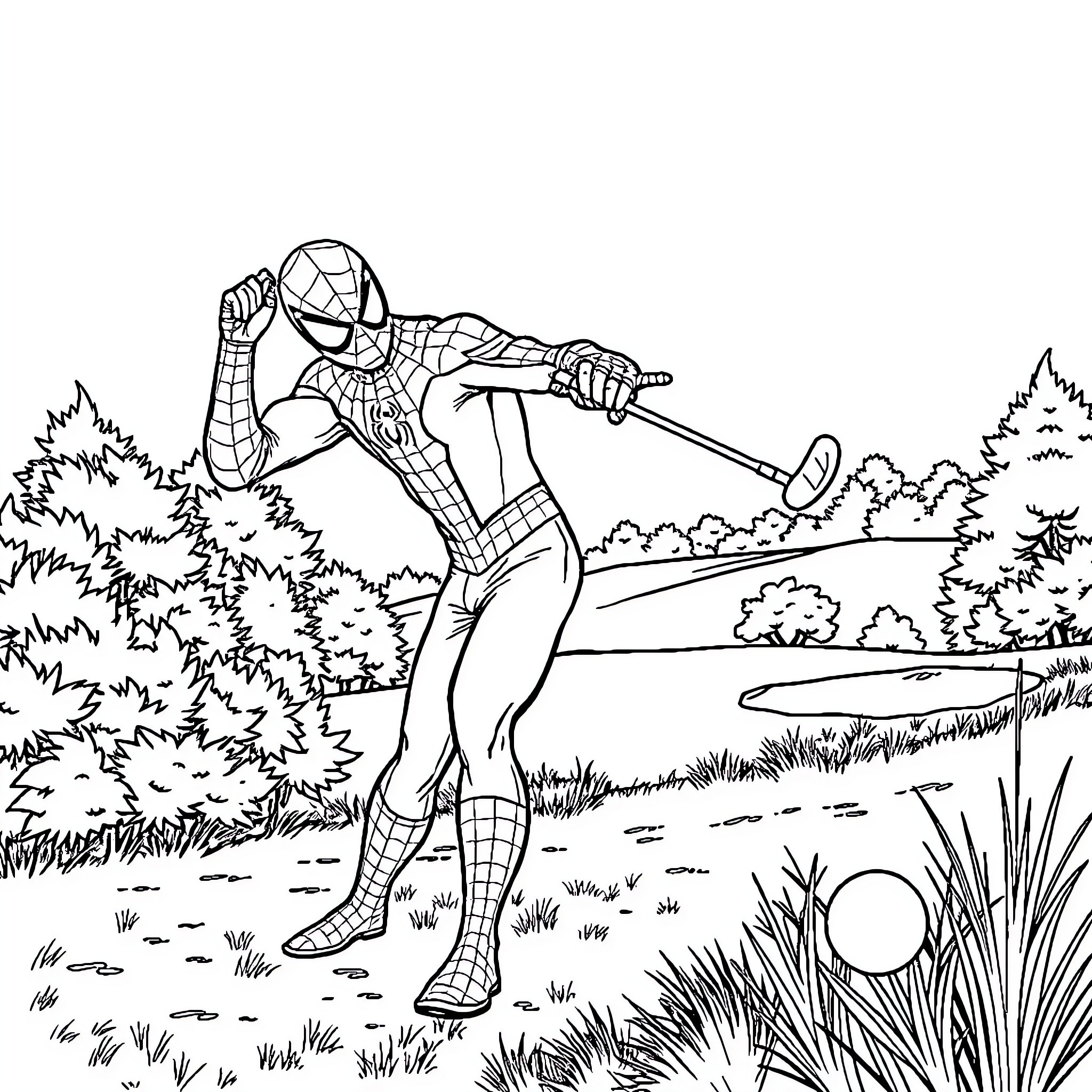 Spiderman swinging through the forest with his web Coloring Page (free black-and-white line drawing printable PDF for all, from beginners to advanced learners, including children, teens, adults, and seniors)