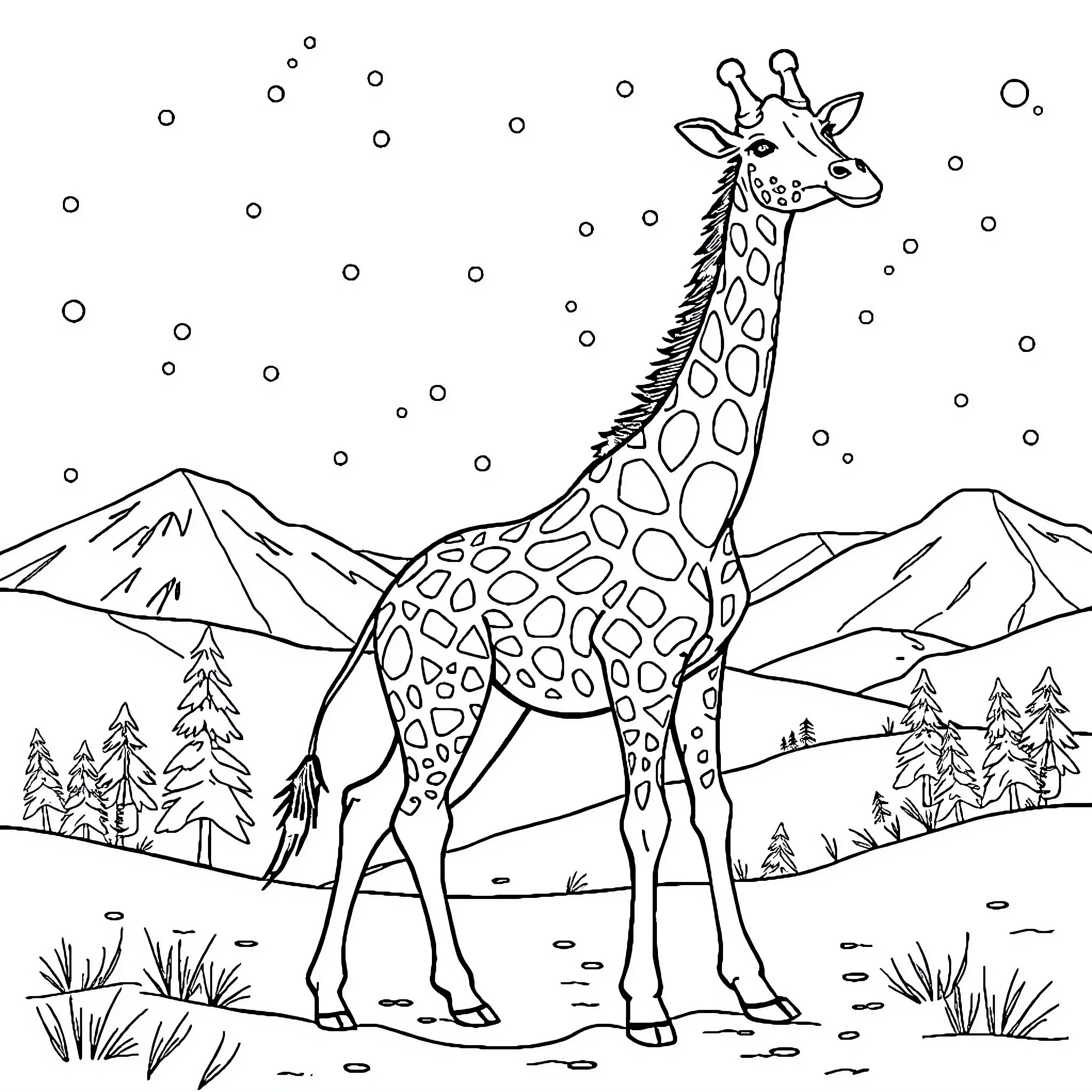 Giraffe exploring the snowy mountain landscape Coloring Page (free black-and-white line drawing printable PDF for all, from beginners to advanced learners, including children, teens, adults, and seniors)