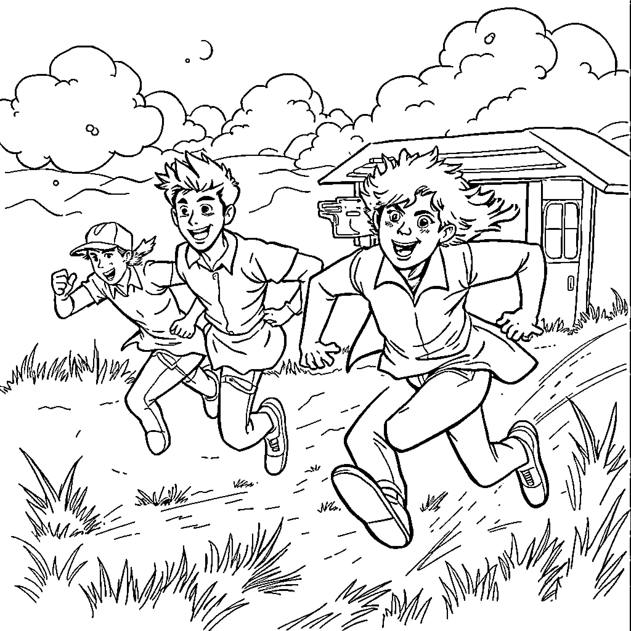Number of Boys Running Happily Outside Coloring Page (free black-and-white line drawing printable PDF for all, from beginners to advanced learners, including children, teens, adults, and seniors)