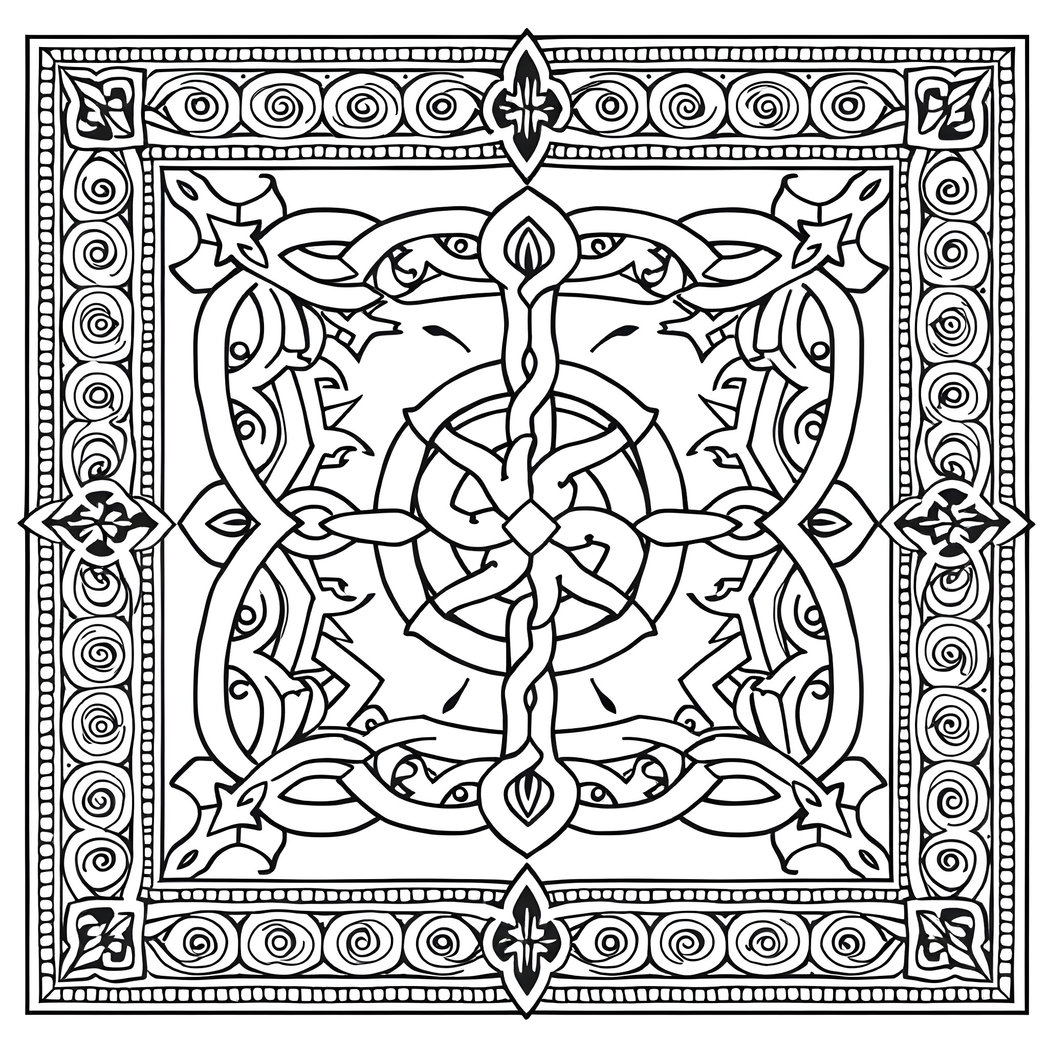 Celtic Design with Intricate Geometric Patterns Coloring Page (free black-and-white line drawing printable PDF for all, from beginners to advanced learners, including children, teens, adults, and seniors)