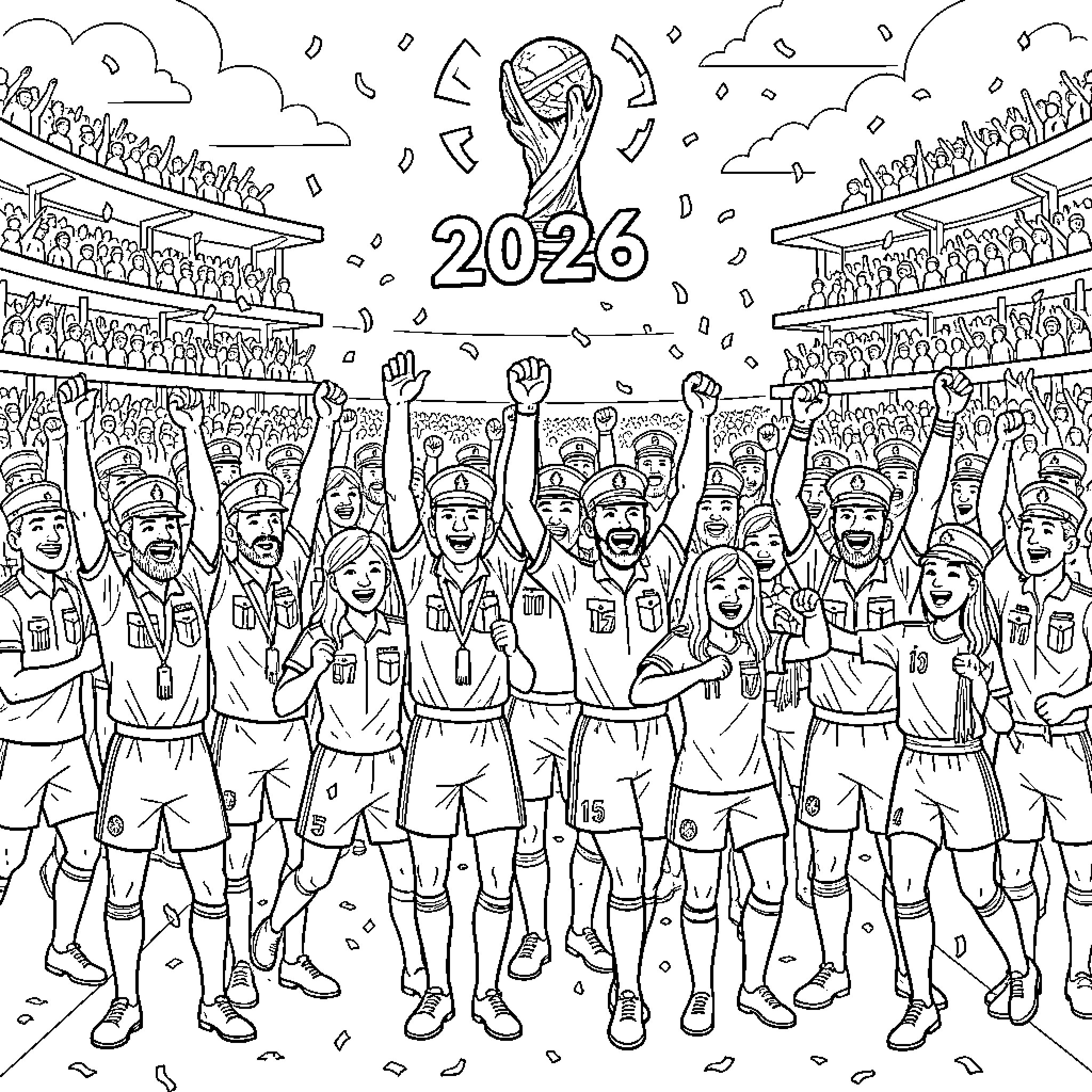 French Army of fans celebrating a victory in stadium Coloring Page (free black-and-white line drawing printable PDF for all, from beginners to advanced learners, including children, teens, adults, and seniors)