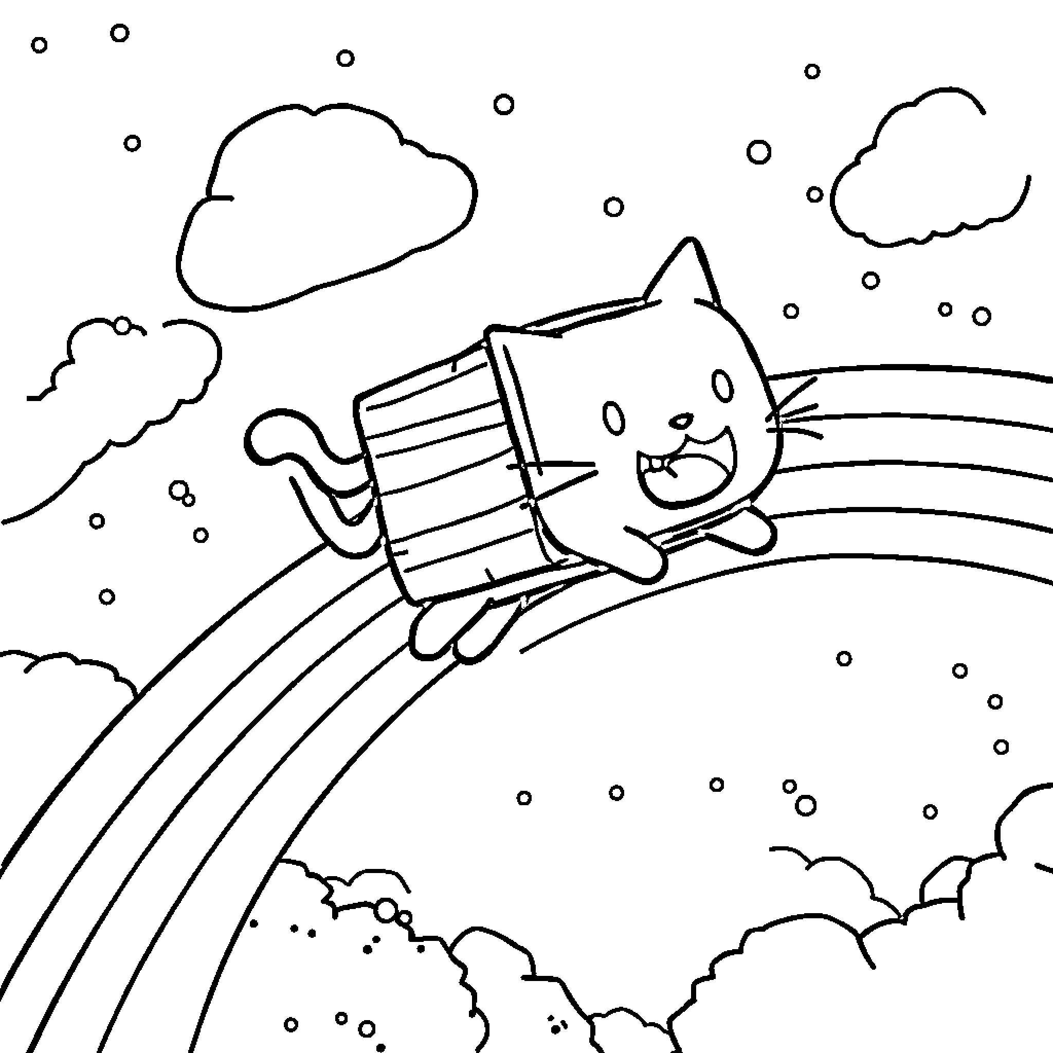 Nyan Cat riding a rainbow in the sky Coloring Page (free black-and-white line drawing printable PDF for all, from beginners to advanced learners, including children, teens, adults, and seniors)
