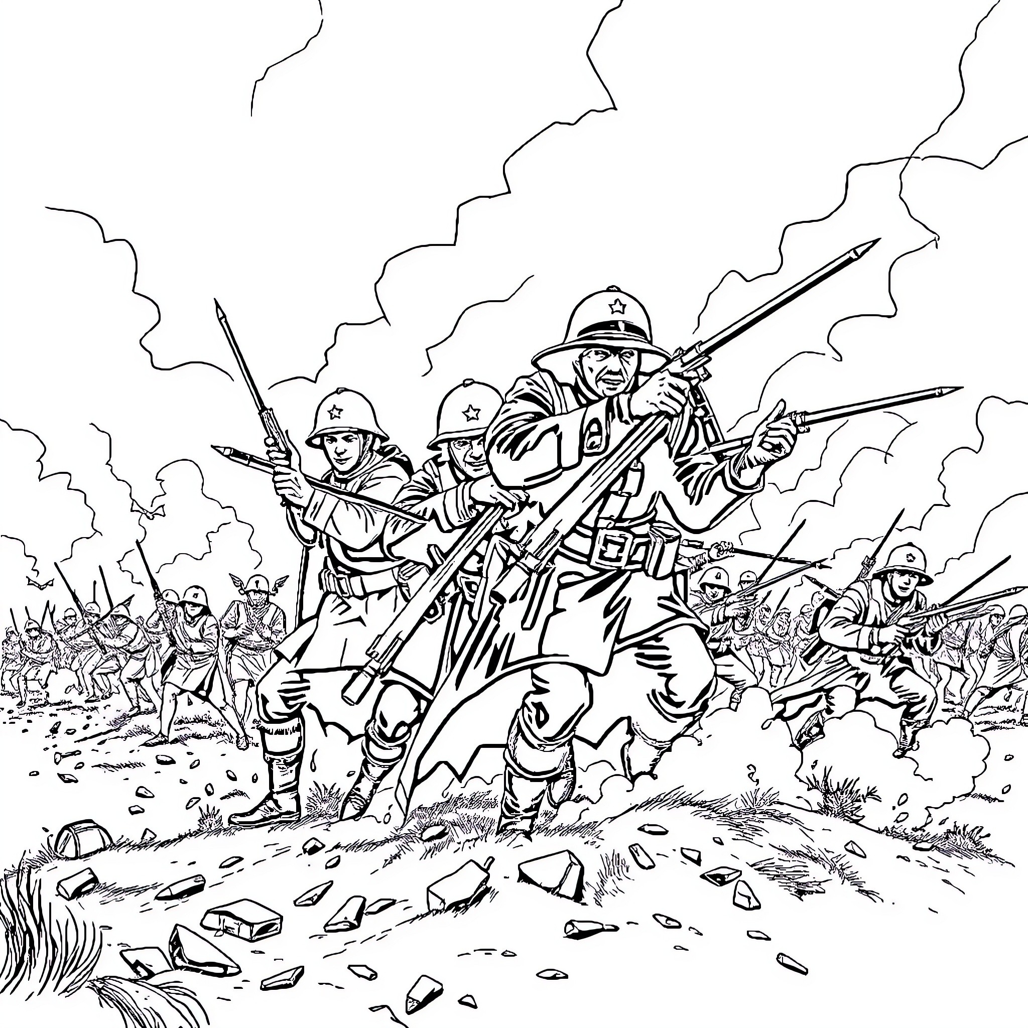 War Soldiers Engaged in Fierce Battle Coloring Page (free black-and-white line drawing printable PDF for all, from beginners to advanced learners, including children, teens, adults, and seniors)
