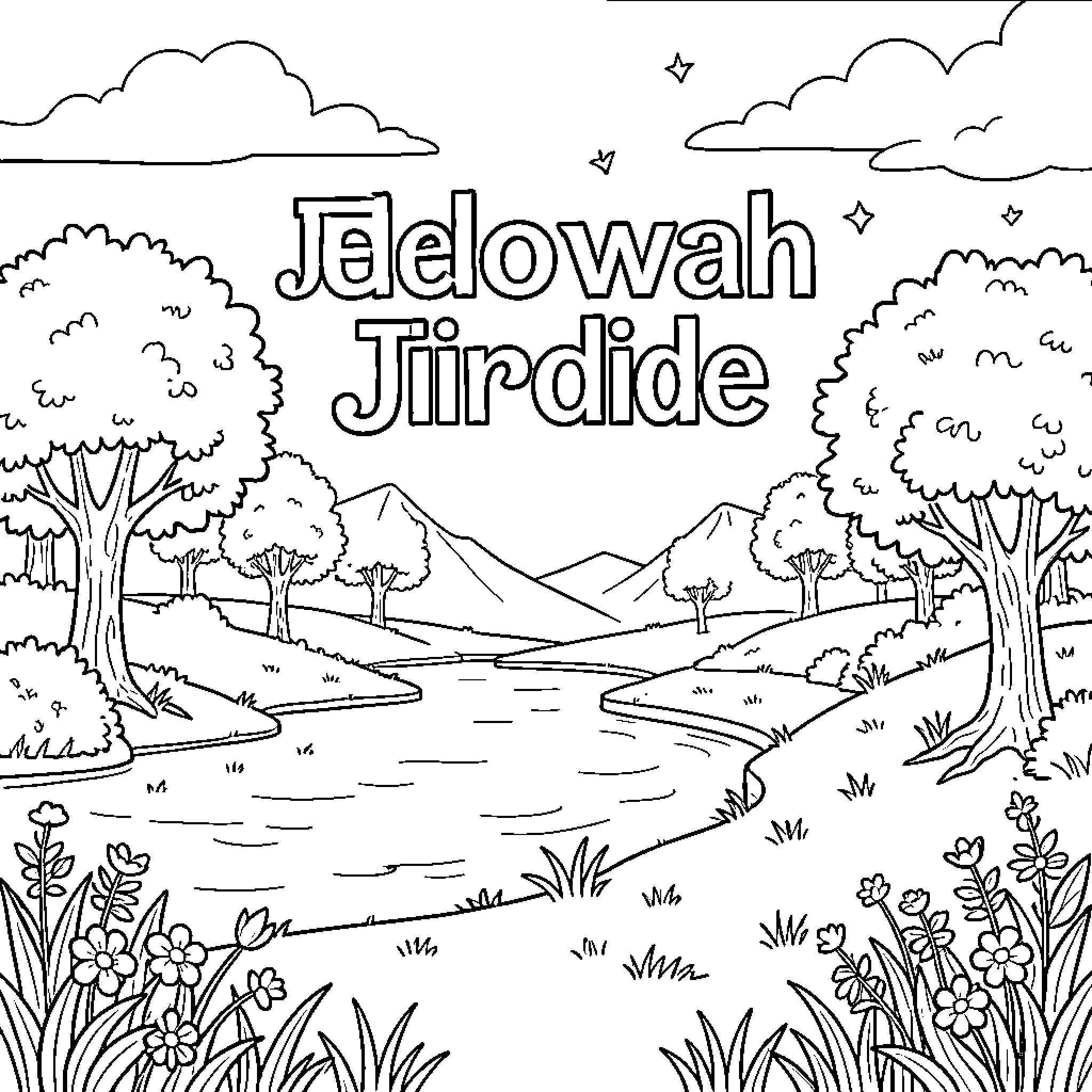 Jehovah Jireh - Scenic nature landscape with river and mountains Coloring Page (free black-and-white line drawing printable PDF for all, from beginners to advanced learners, including children, teens, adults, and seniors)