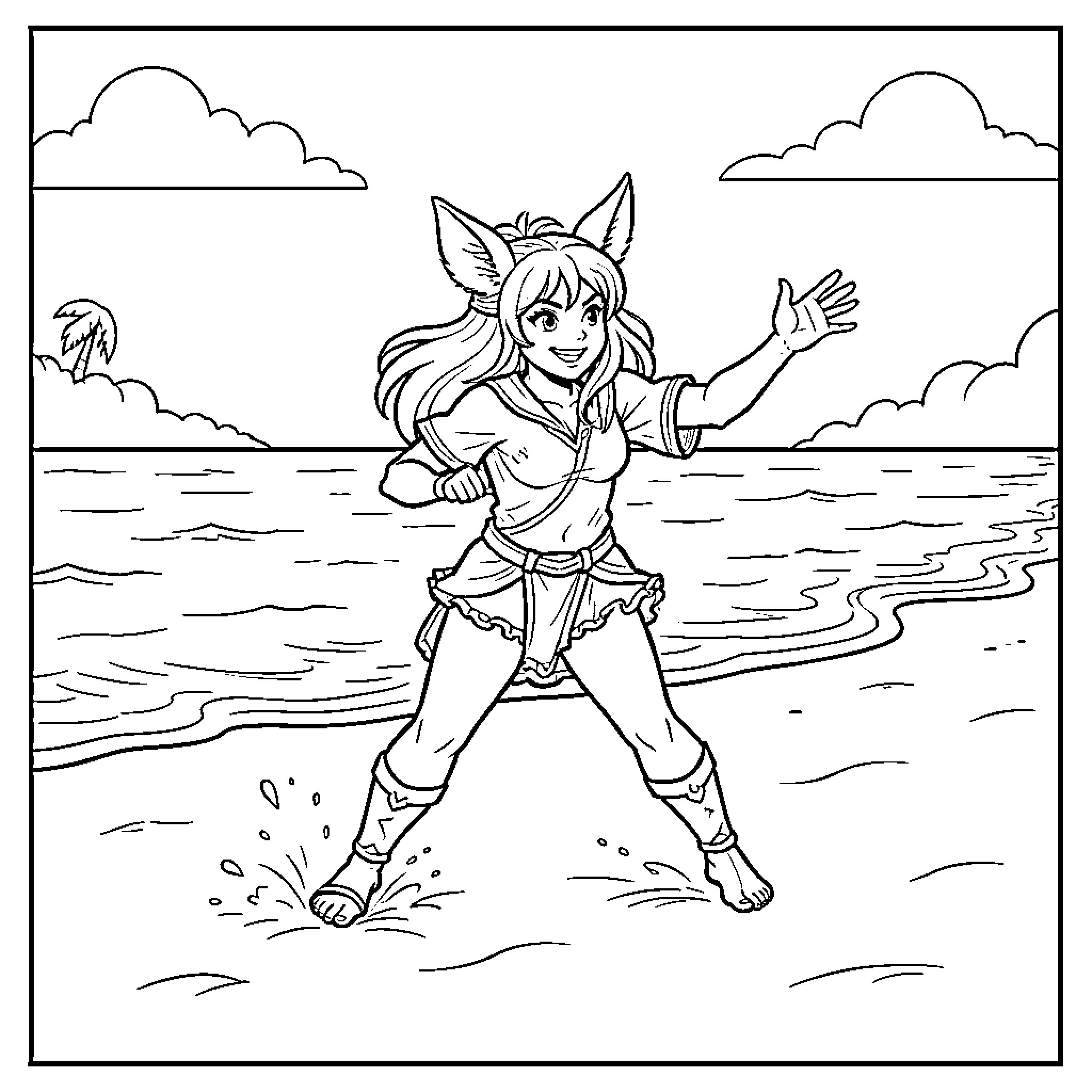 Macha waving happily while walking along the beach Coloring Page (free black-and-white line drawing printable PDF for all, from beginners to advanced learners, including children, teens, adults, and seniors)