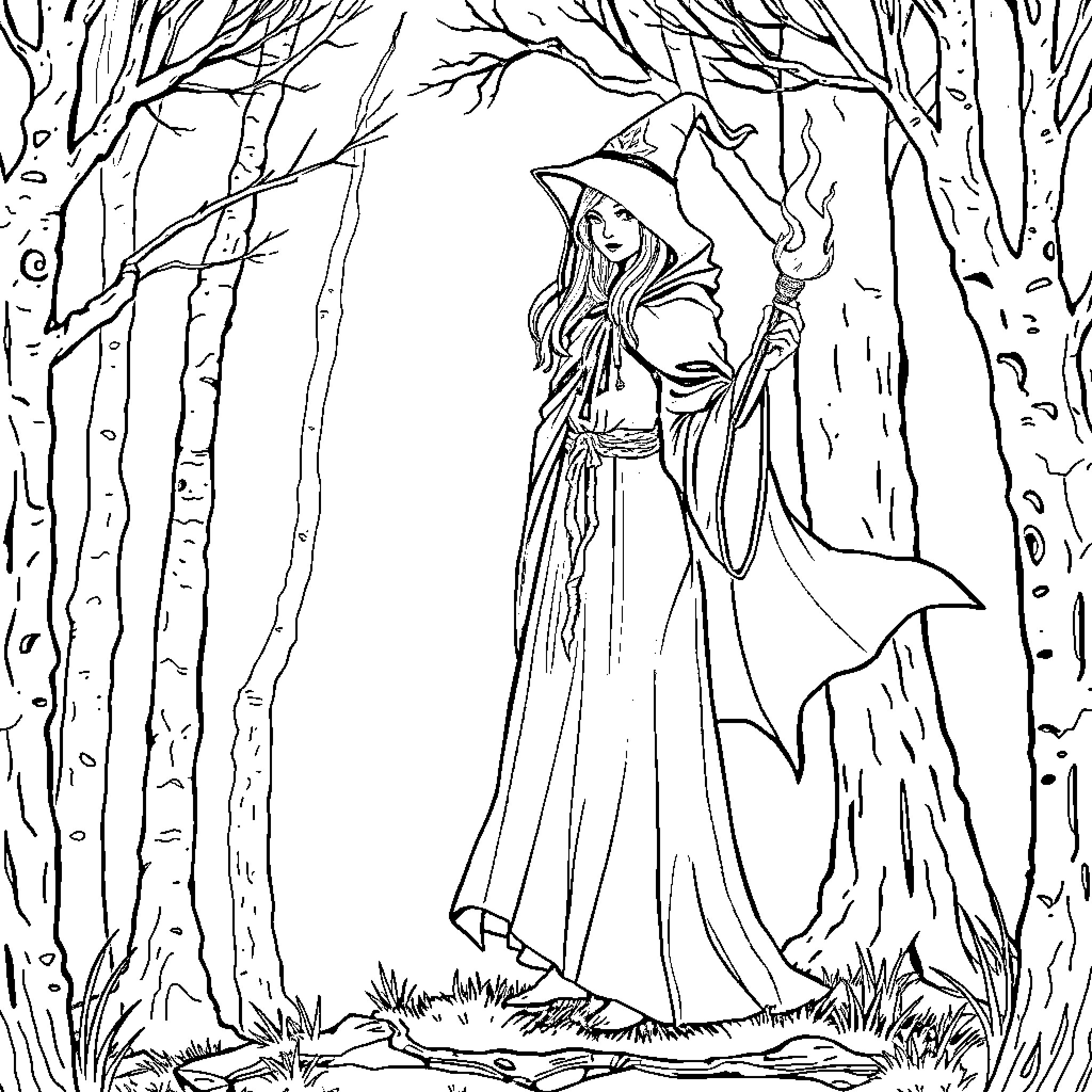 Sorceress casts a spell in the enchanted forest Coloring Page (free black-and-white line drawing printable PDF for all, from beginners to advanced learners, including children, teens, adults, and seniors)