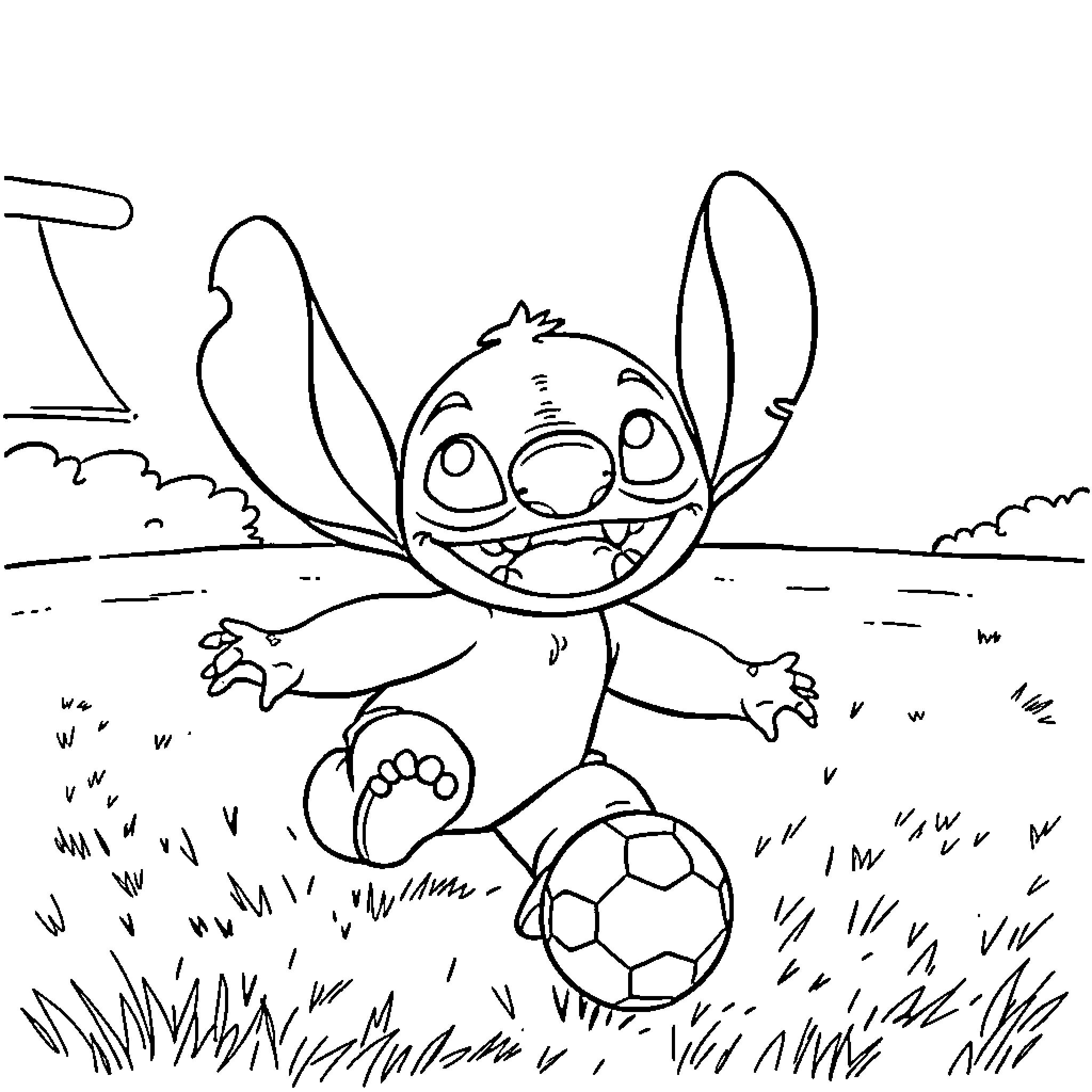 Stitch playing happily with soccer ball in the field Coloring Page (free black-and-white line drawing printable PDF for all, from beginners to advanced learners, including children, teens, adults, and seniors)