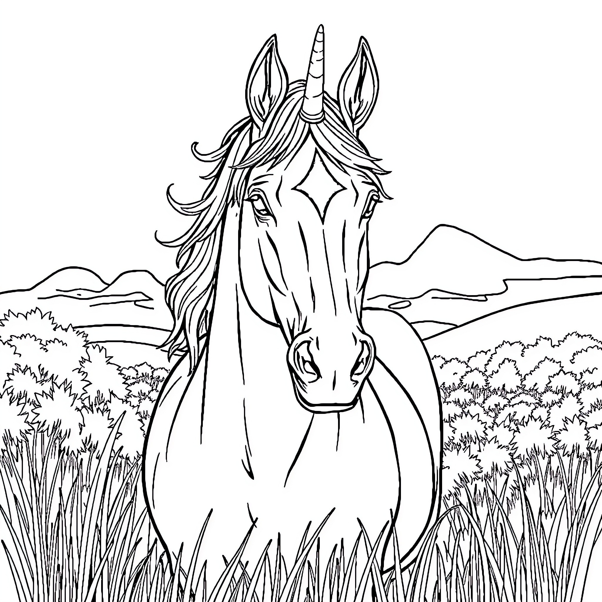 Unicorn in a Peaceful Meadow Coloring Page (free black-and-white line drawing printable PDF for all, from beginners to advanced learners, including children, teens, adults, and seniors)