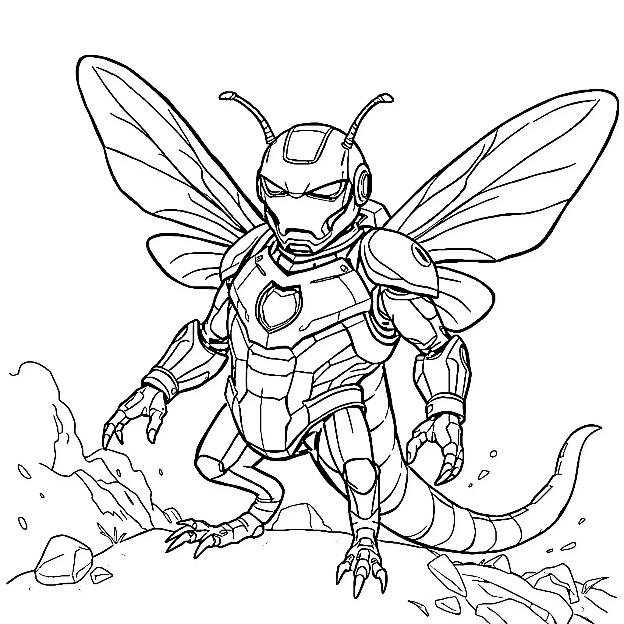 Fly Monster in Robotic Suit Takes Flight Coloring Page (free black-and-white line drawing printable PDF for all, from beginners to advanced learners, including children, teens, adults, and seniors)