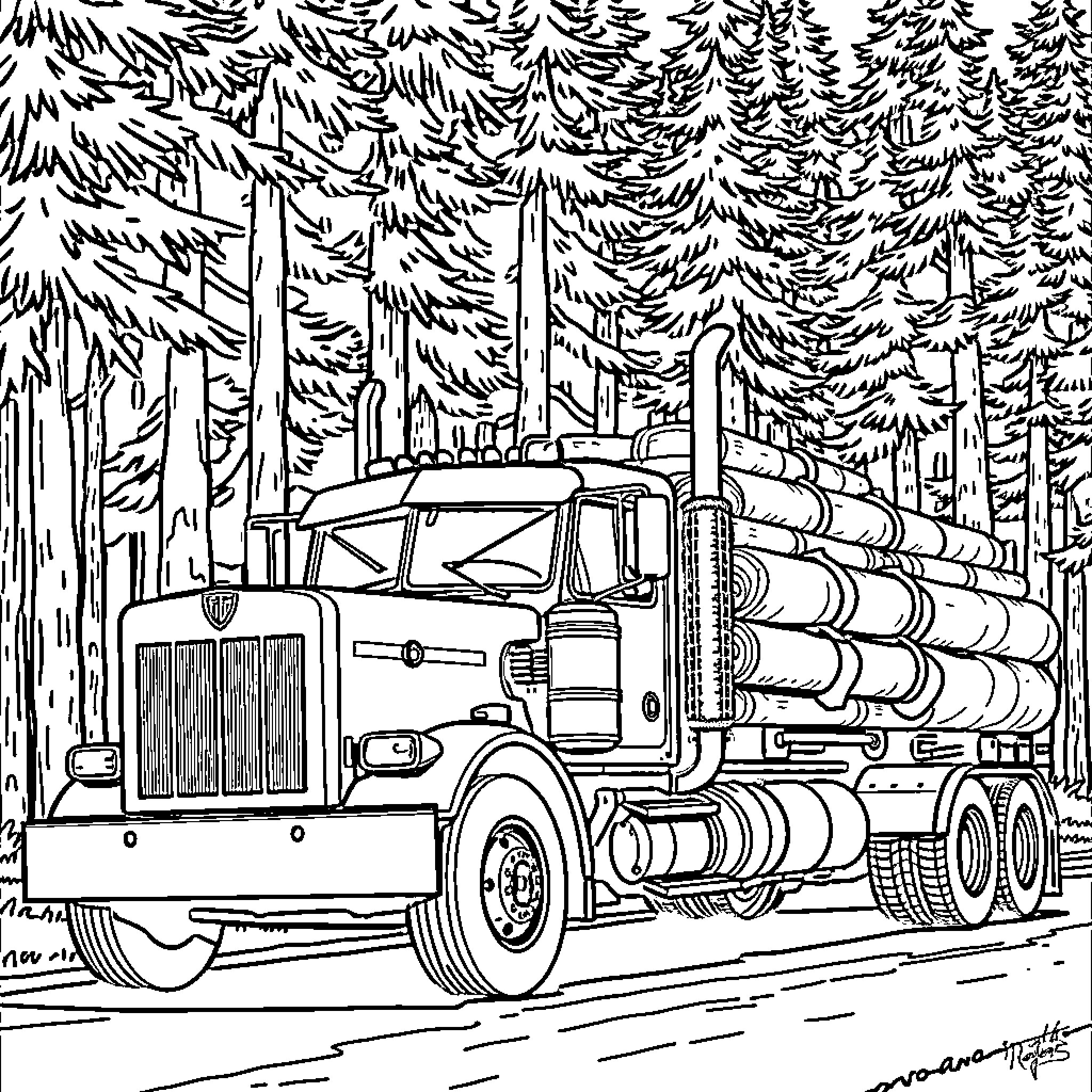 Truck hauling logs through snowy forest Coloring Page (free black-and-white line drawing printable PDF for all, from beginners to advanced learners, including children, teens, adults, and seniors)