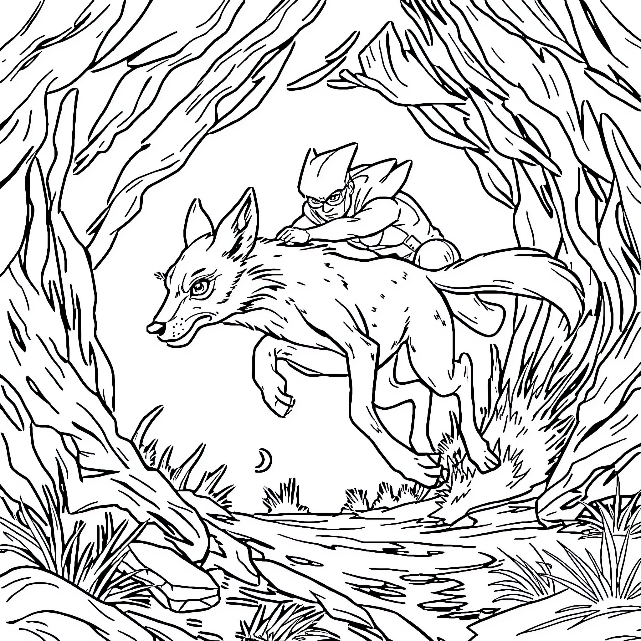 Venado racing through the enchanted forest Coloring Page (free black-and-white line drawing printable PDF for all, from beginners to advanced learners, including children, teens, adults, and seniors)